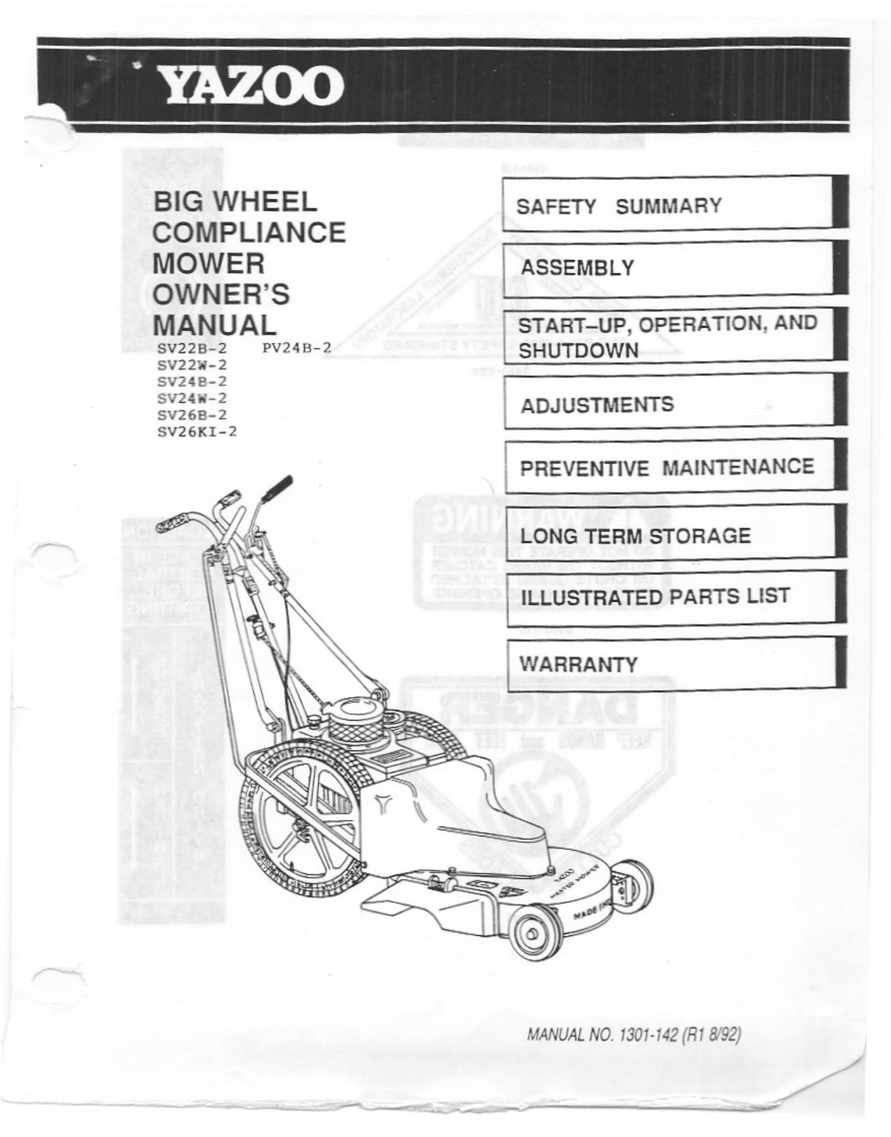 Yazoo/Kees PV24B-2, SV22B-2, SV22W-2, SV24B-2, SV26B-2 User Manual