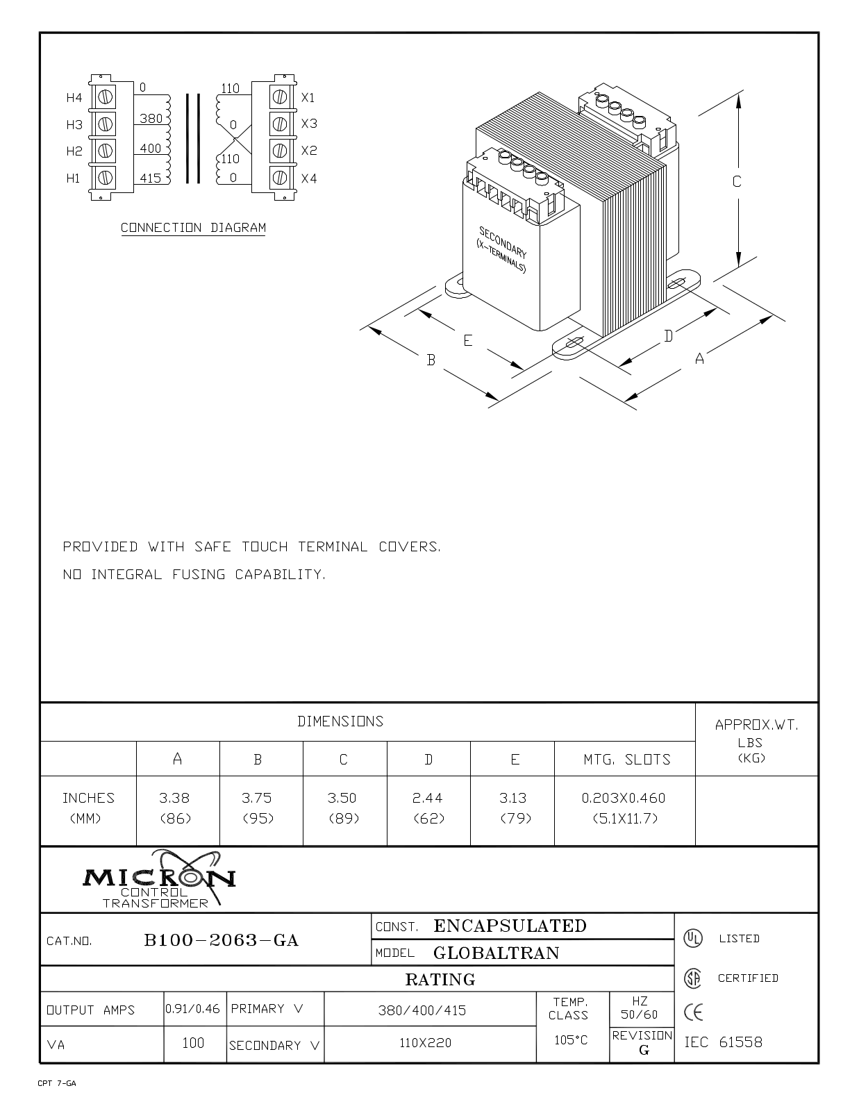 Micron Industries B100-2063-GA Specification Sheet