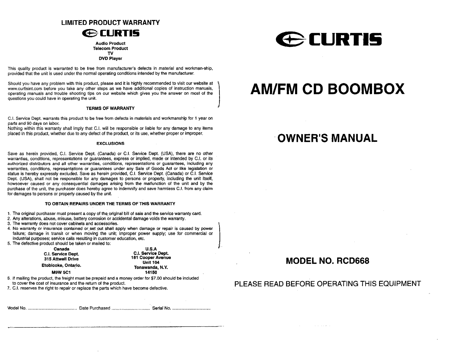 CURTIS RCD668 User Manual