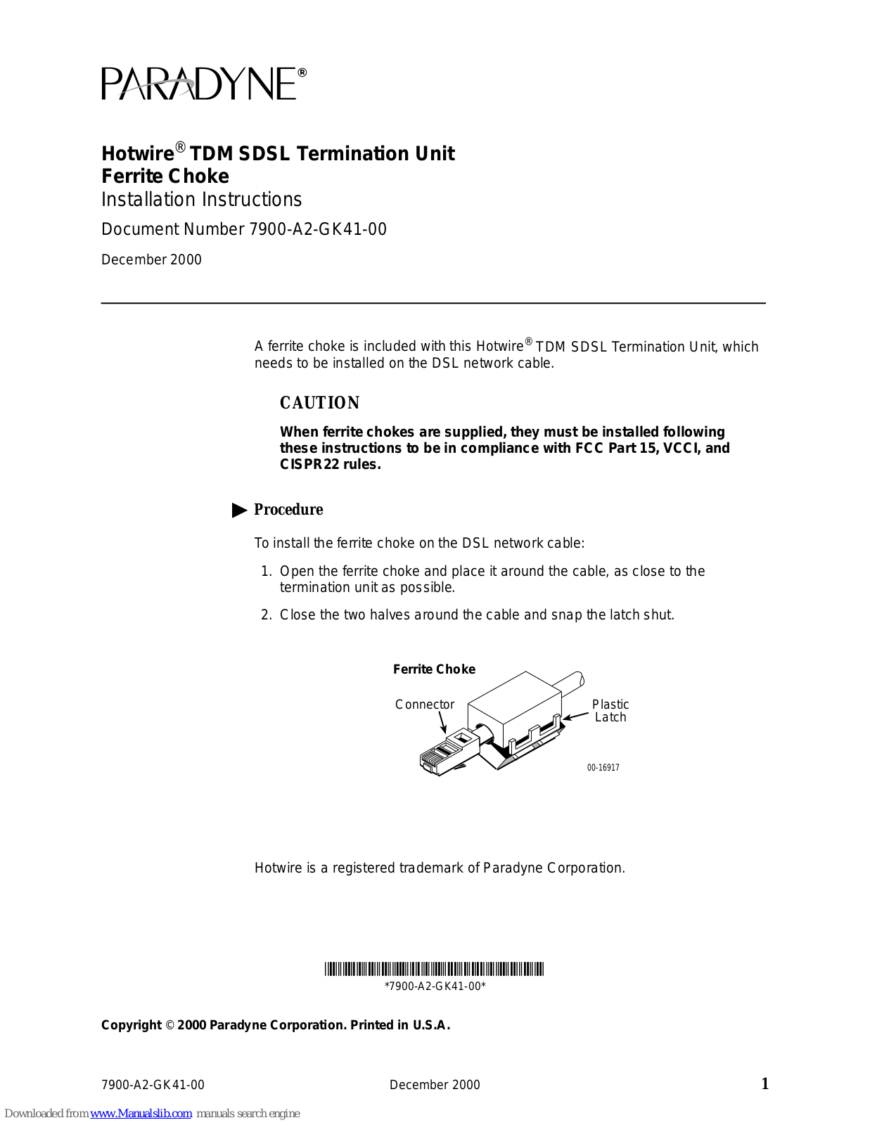 Paradyne 7900 Installation Instructions Manual