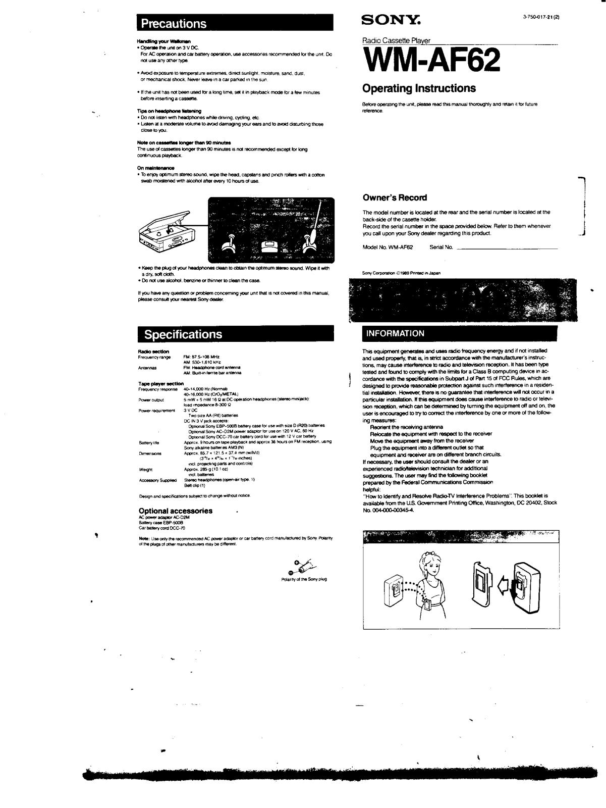 Sony WM-AF62 User Manual