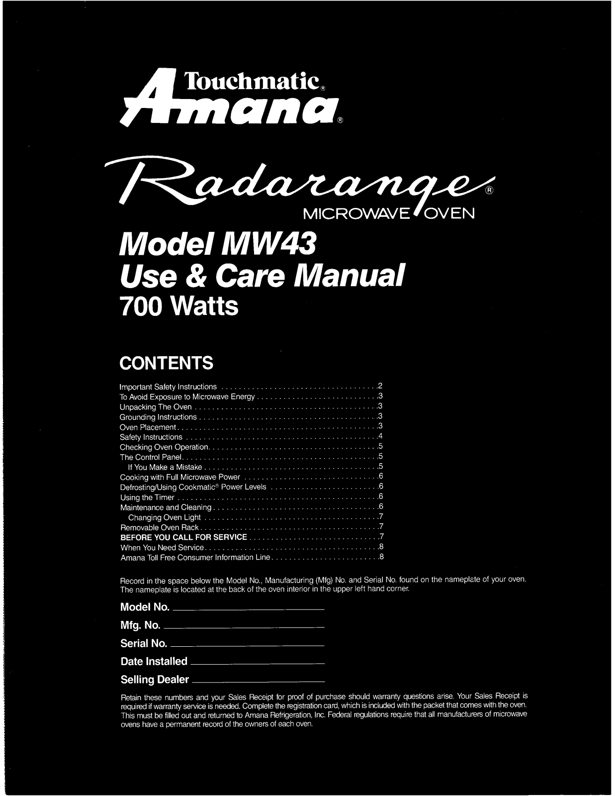 Amana MW43 Owner's Manual