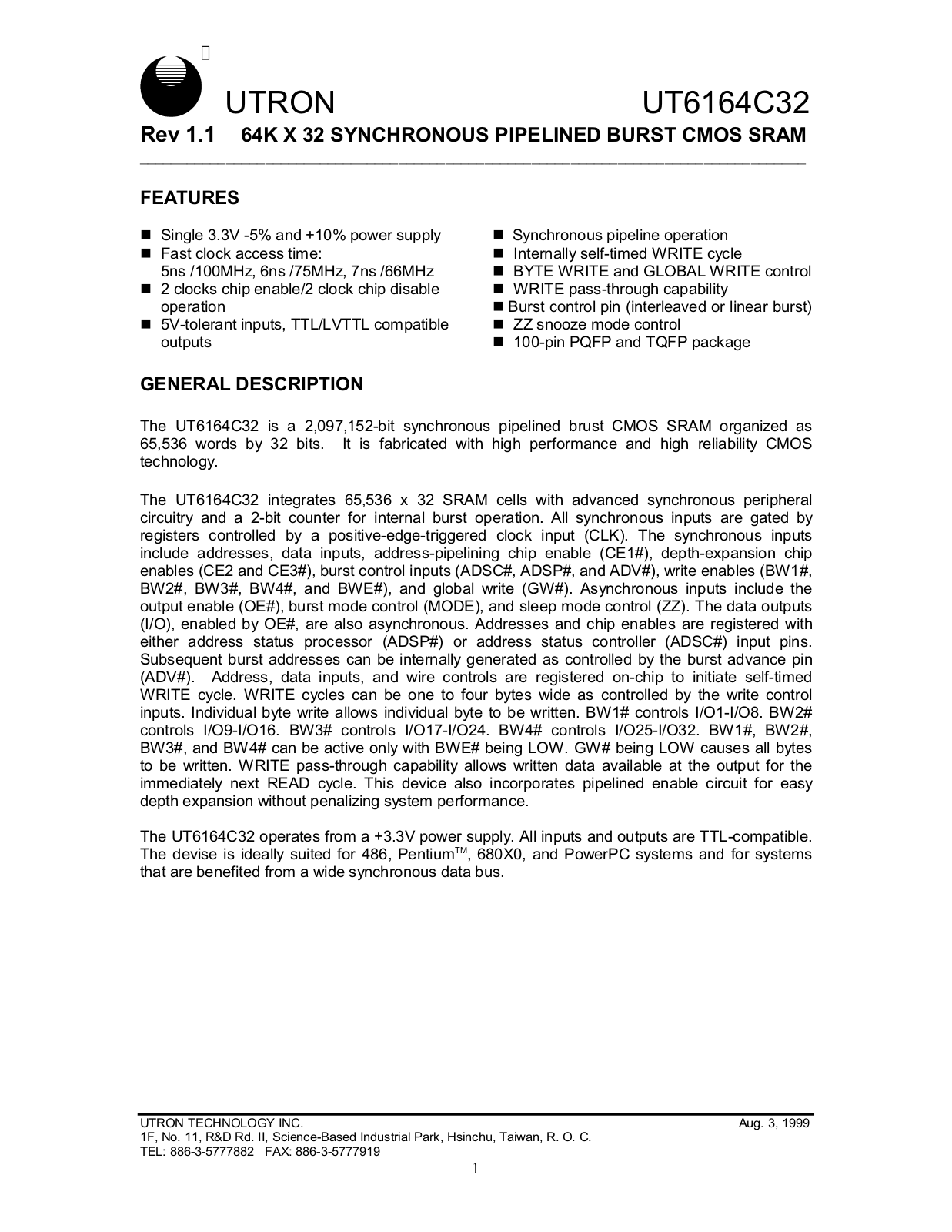 UTRON UT6164C32T-6, UT6164C32Q-6 Datasheet