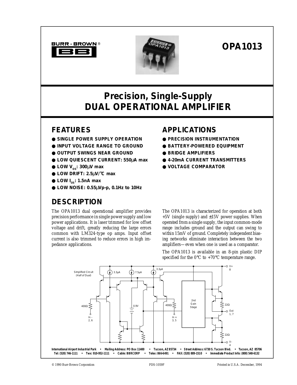 Burr Brown OPA1013CN8, OPA1013DN8 Datasheet