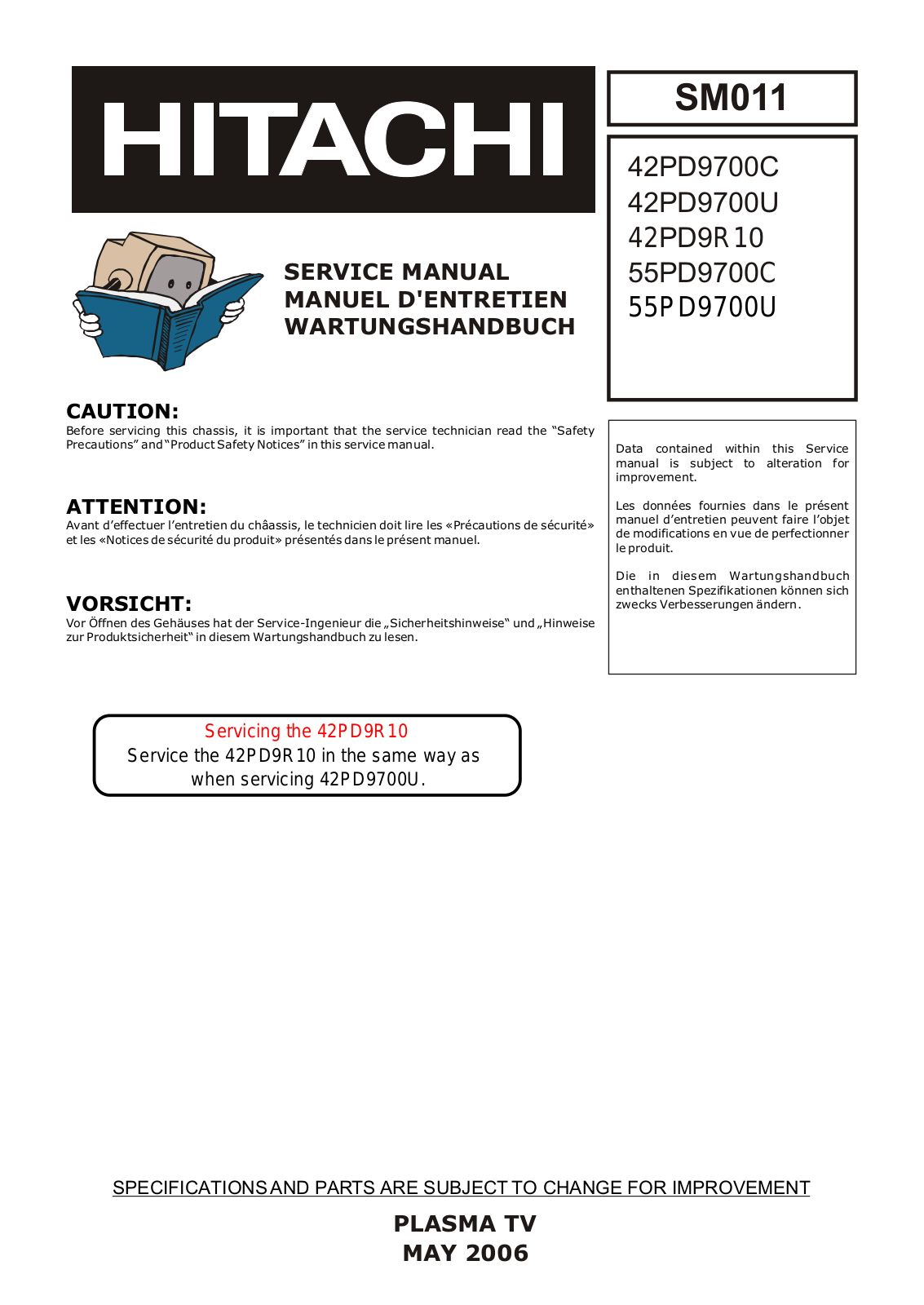 HITACHI 42PD9700C, 55PD9700C, 42PD9R10, 42PD9700U, 55PD9700U Service Manual