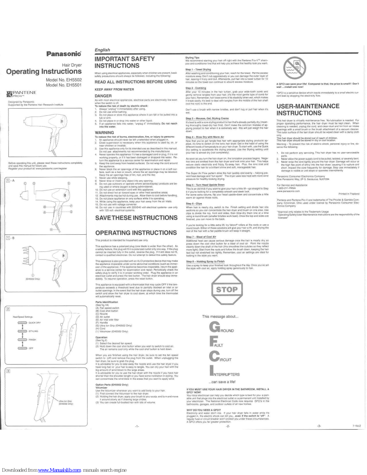 Panasonic EH5502W, EH5501V, EH5502, EH5501 Operating Manual