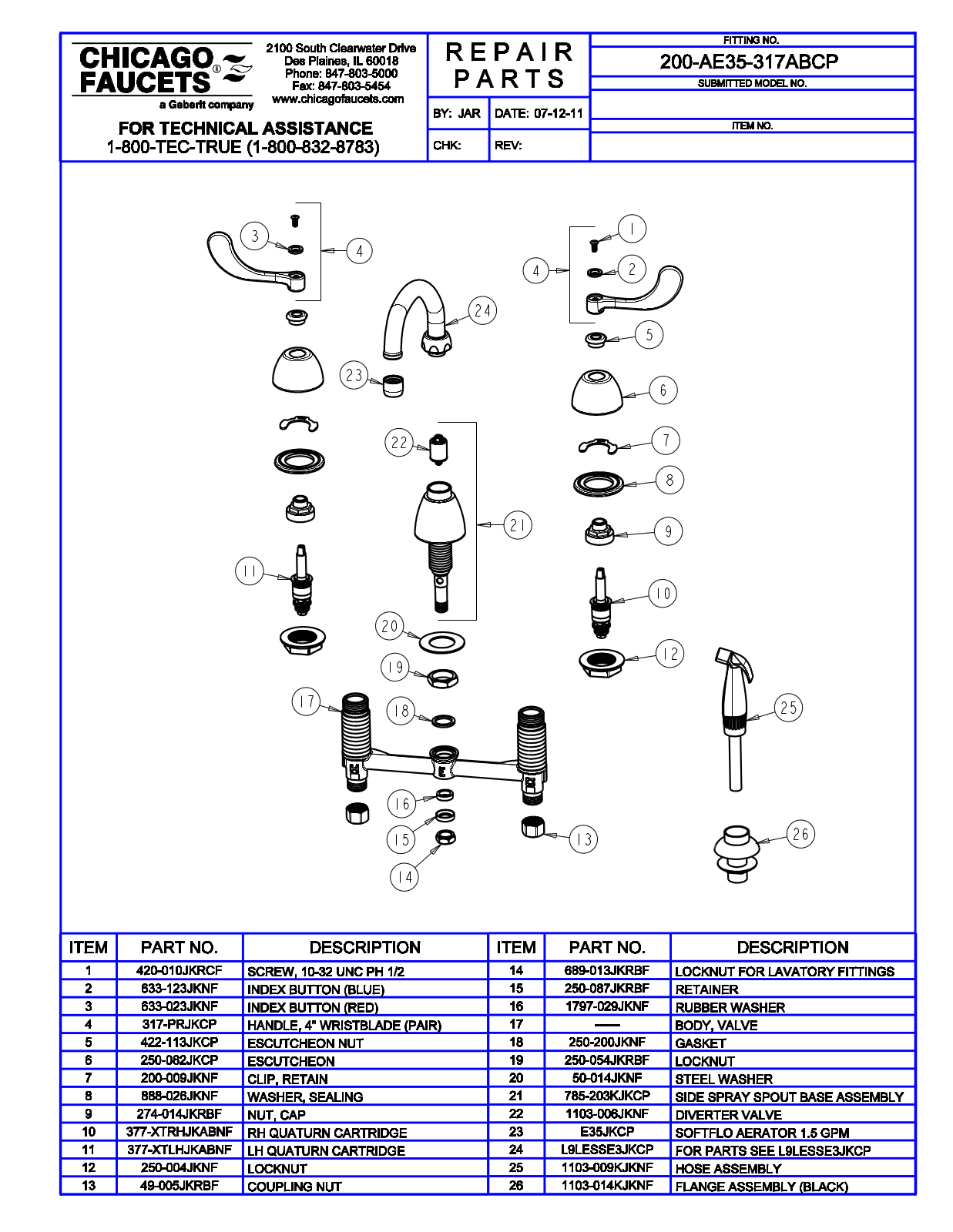 Chicago Faucet 200-AE35-317ABCP Parts List