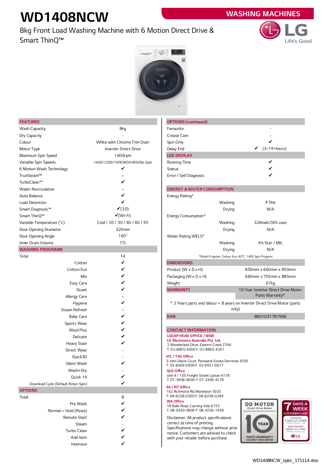 LG WD1408NCW Specifications Sheet