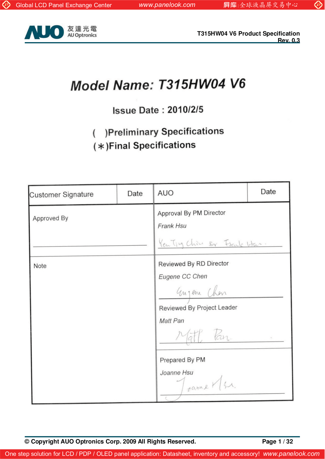 AUO T315HW04 V6 Specification