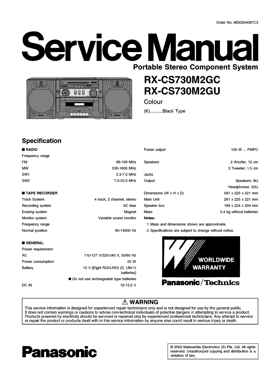 Panasonic RXCS-730-M-2-GC Service manual