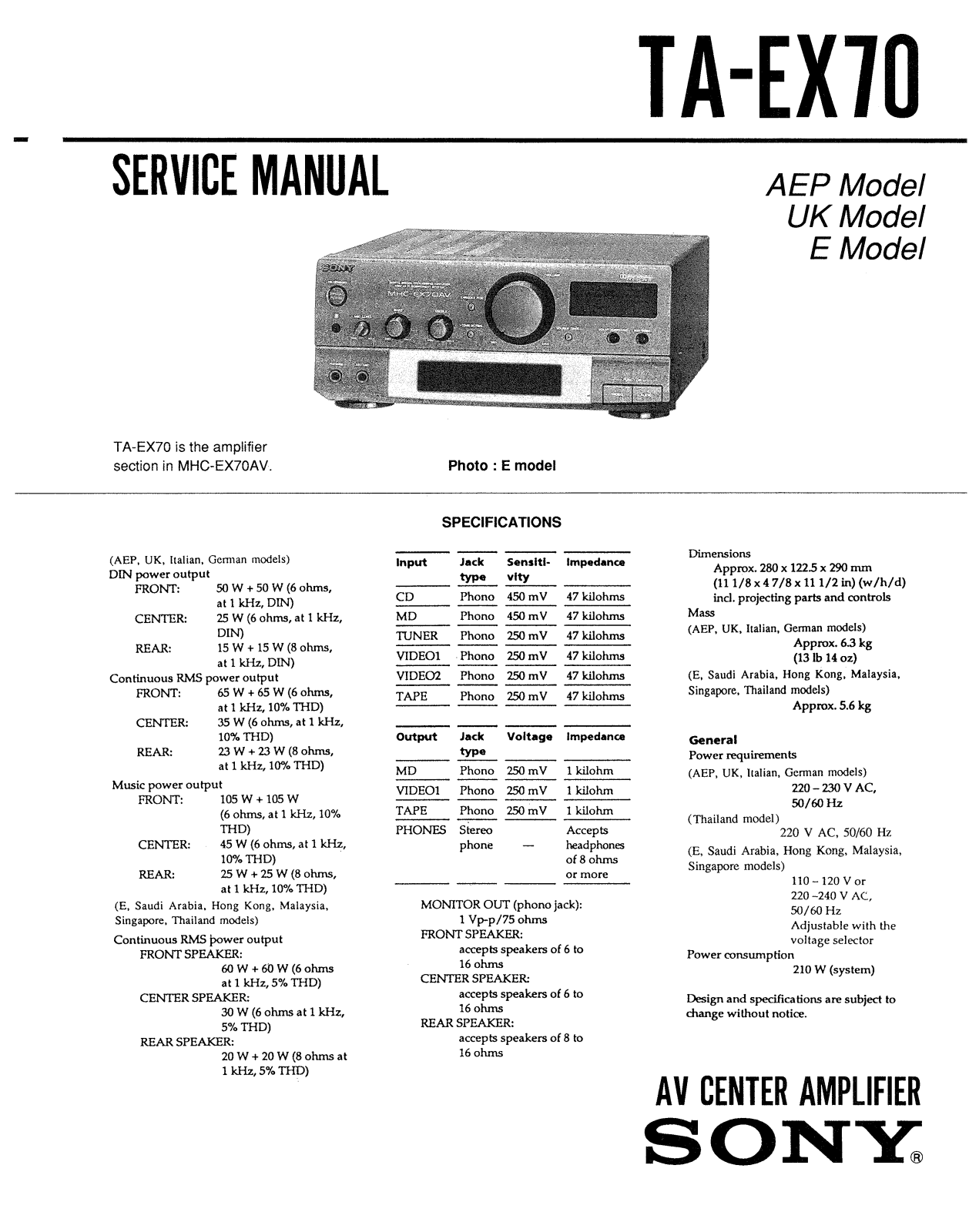 Sony TAEX-70 Service manual