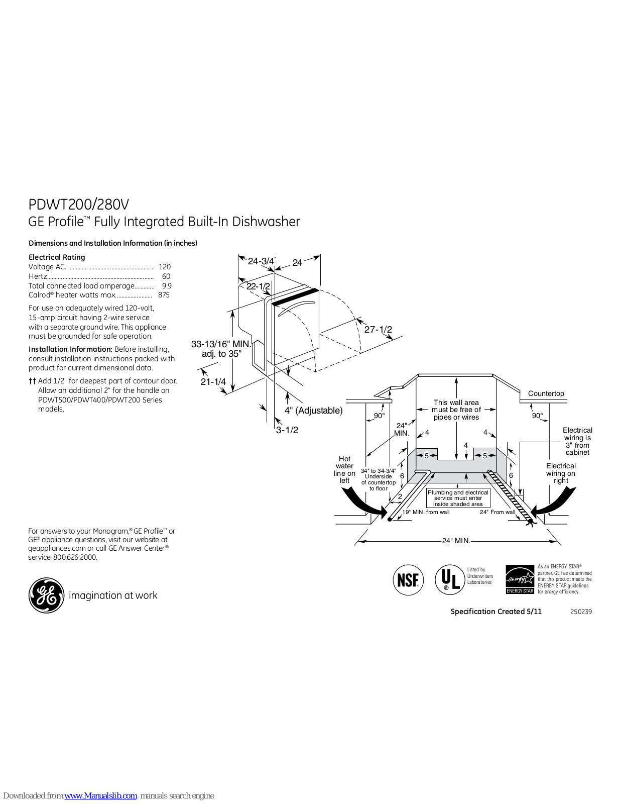 GE Profile PDWT200V, Profile PDWT280VSS, Profile PDWT280V, Profile PDWT200VWW, Profile PDWT200VBB Dimensions And Installation Information