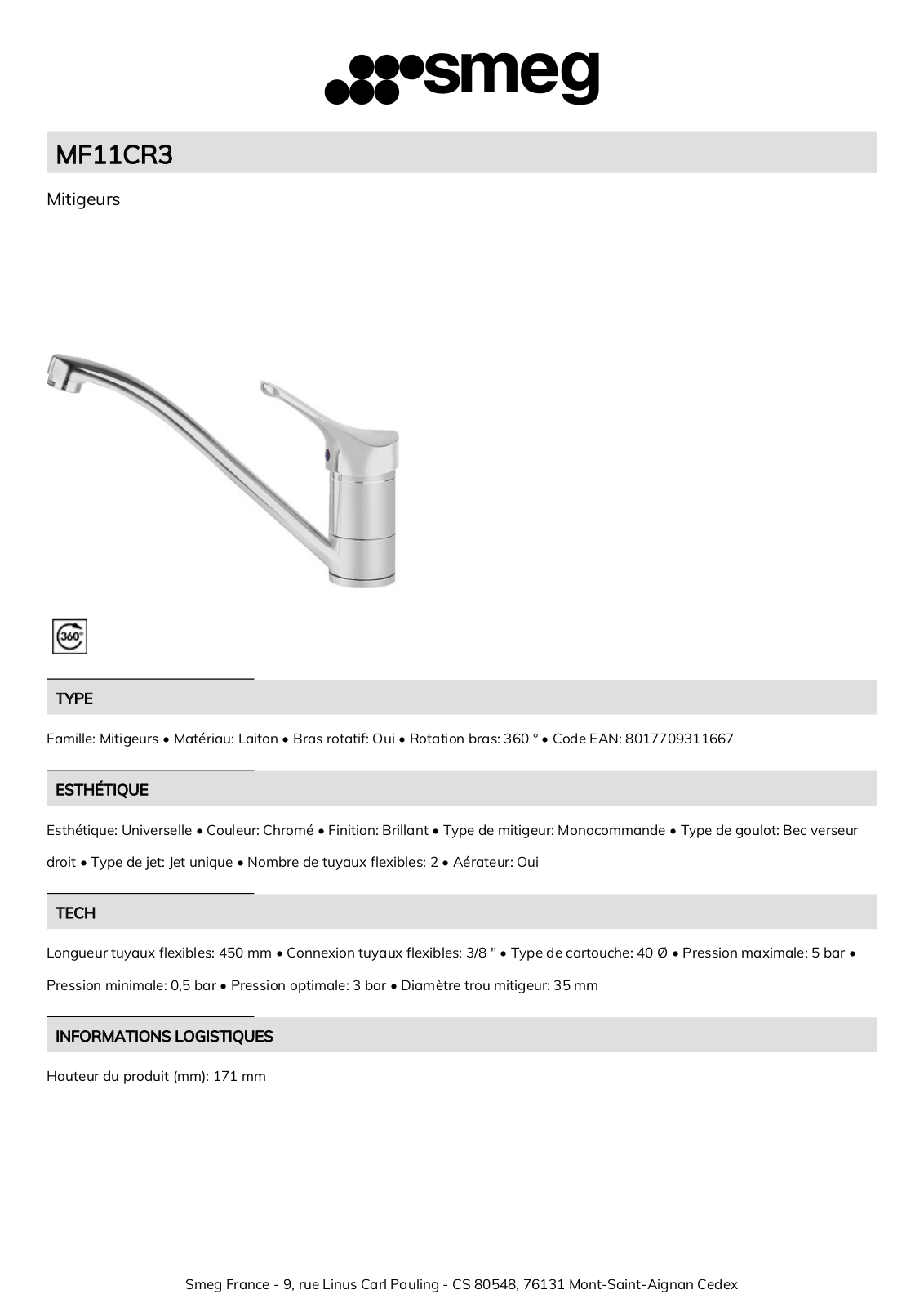 Smeg MF11CR3 Product Information Sheet