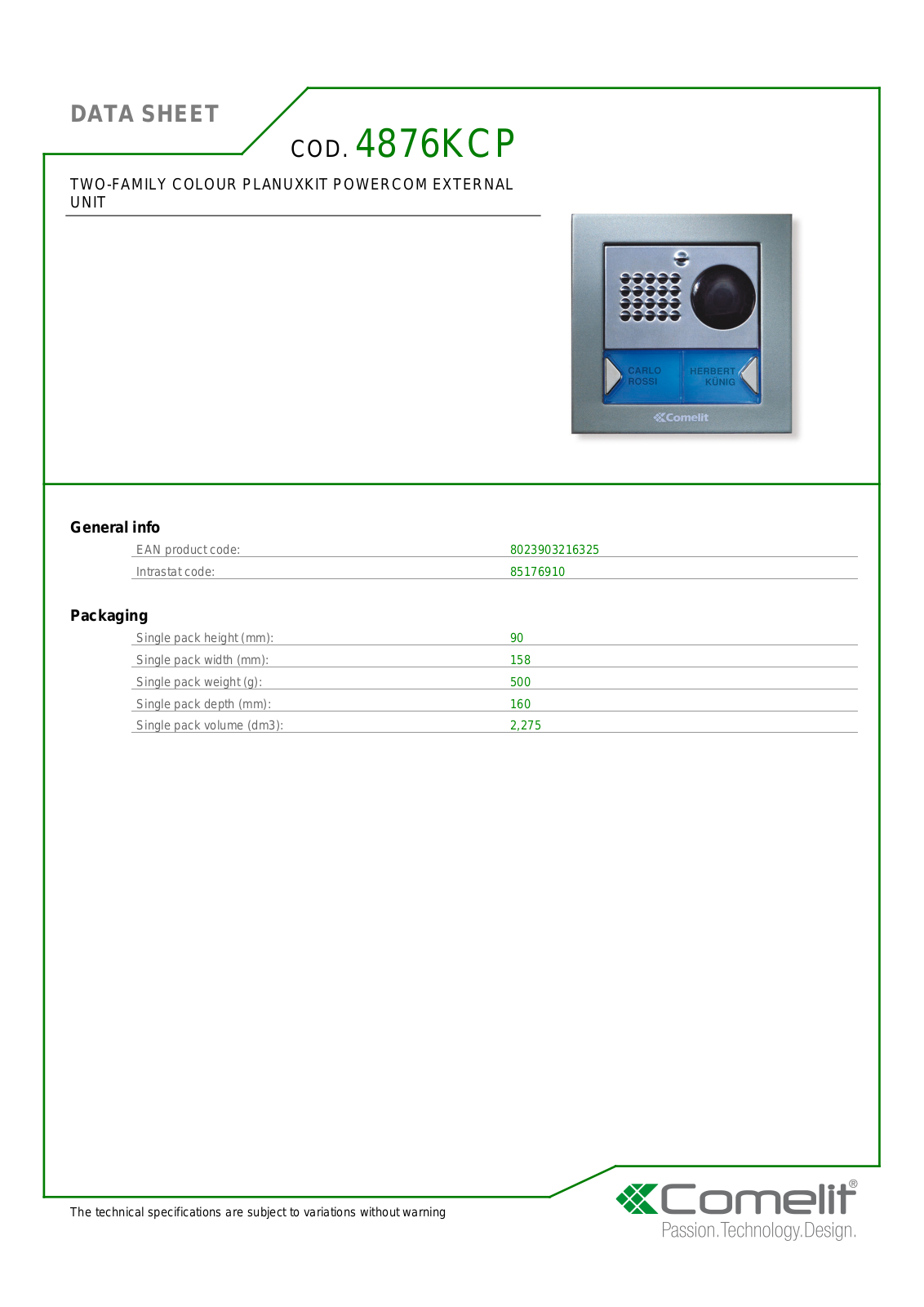 Comelit 4876KCP Specsheet