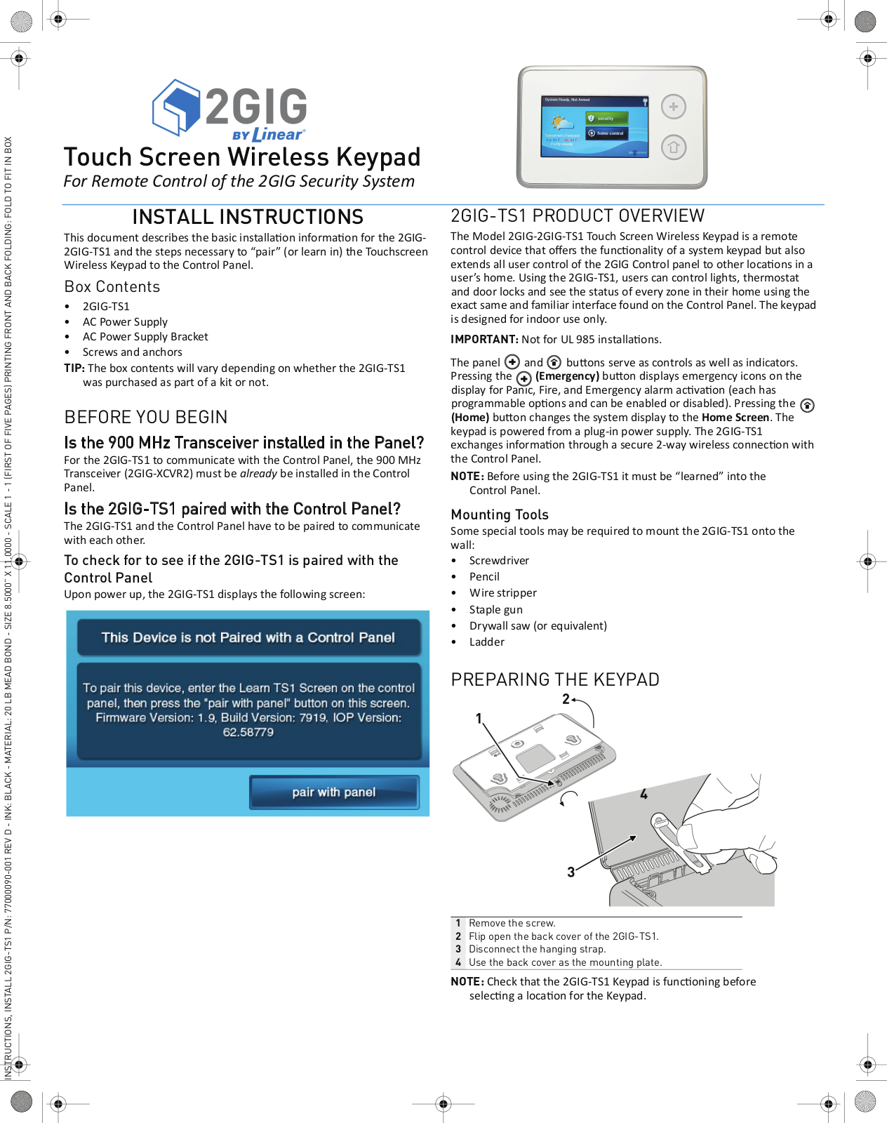 Nortek Security and Control 2GIG TS1Y User Manual