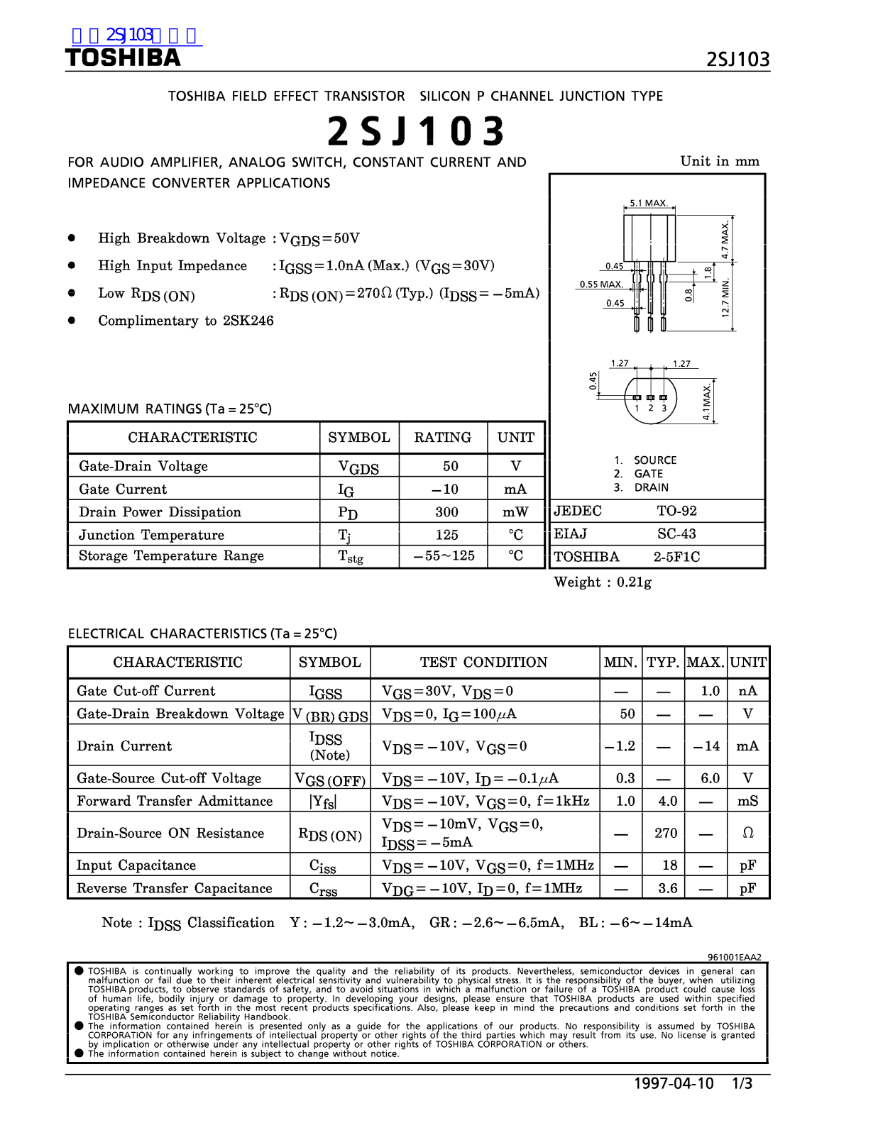 TOSHIBA 2SJ103 Technical data