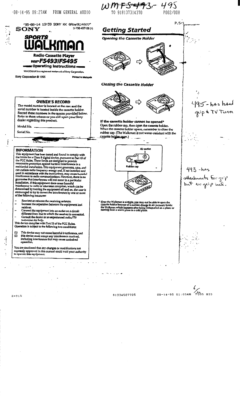 Sony WM-FS493 User Manual