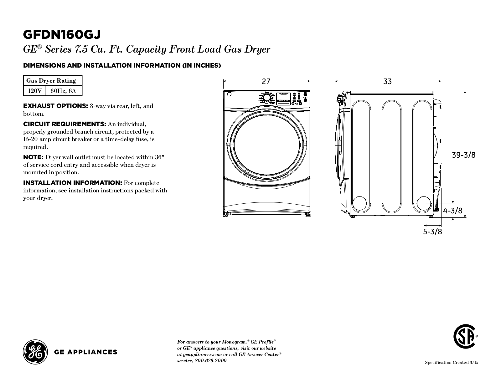 General Electric GFDN160GJWW Specsheet