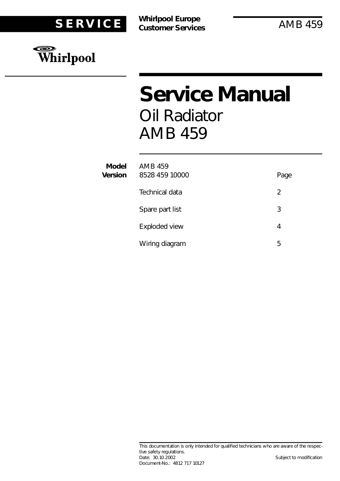 Whirlpool AMB 459 Service Manual