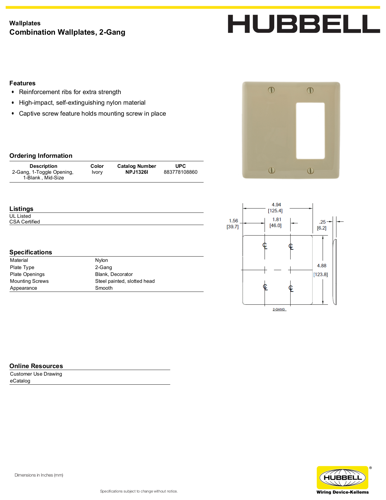 Hubbell NPJ1326I Specifications