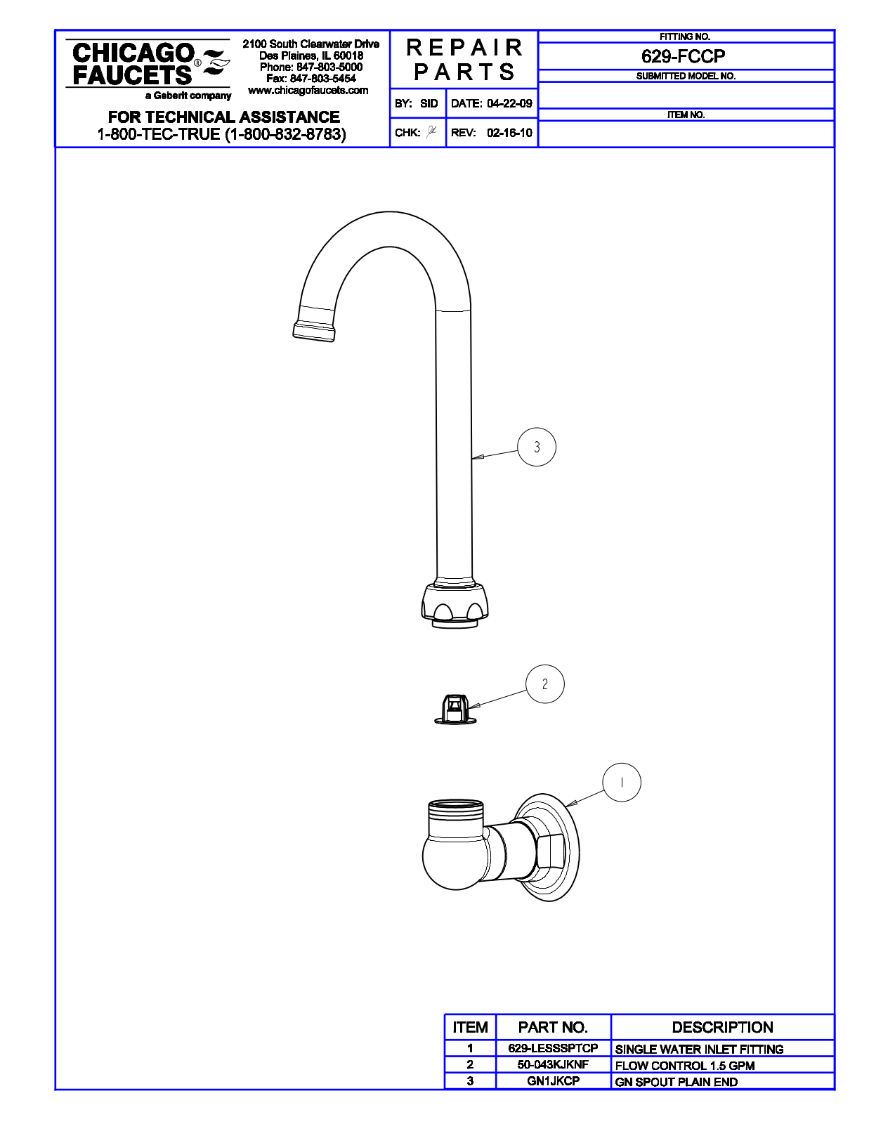 Chicago Faucet 629-FCCP Parts List