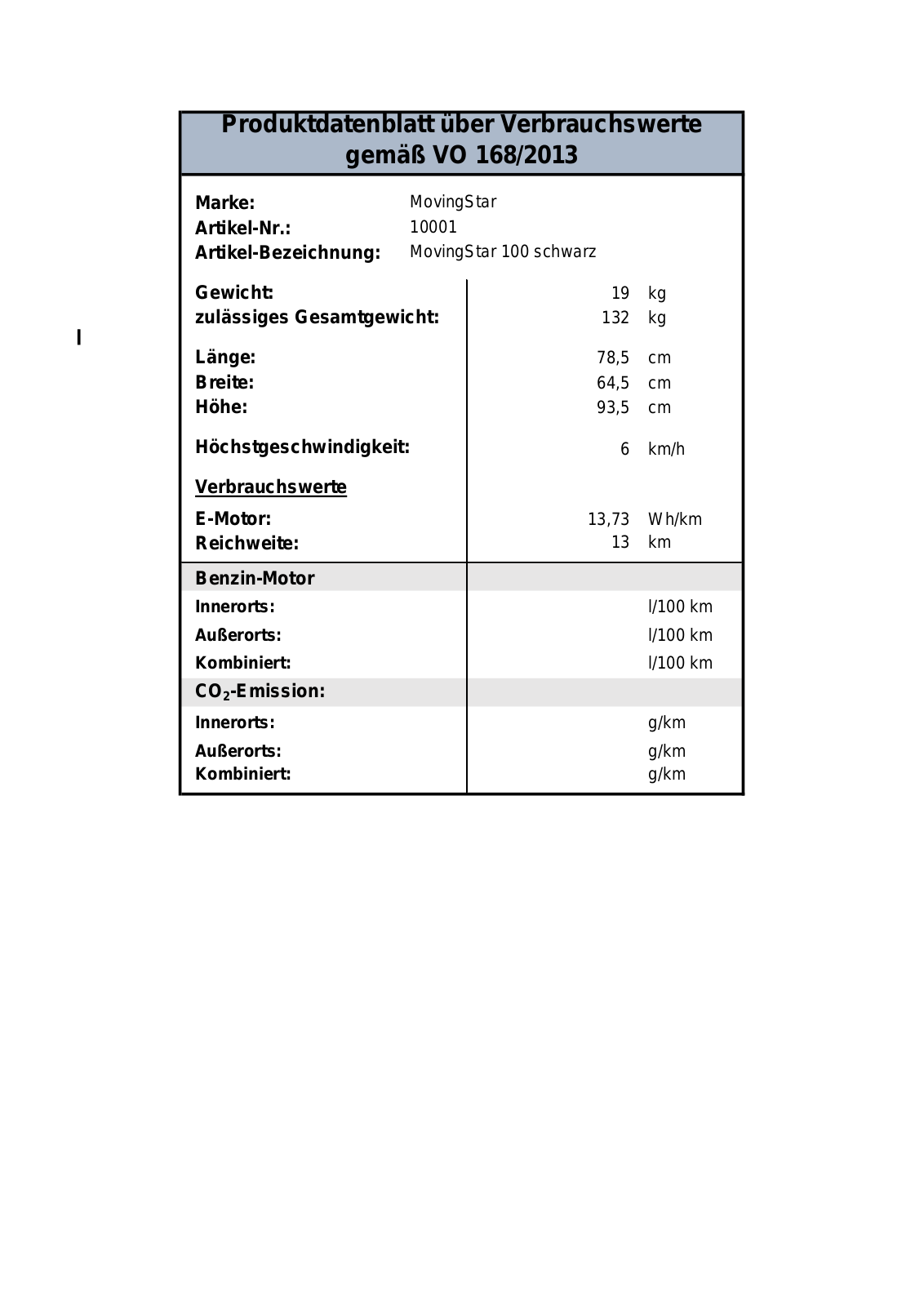 MovingStar 100 Technical data