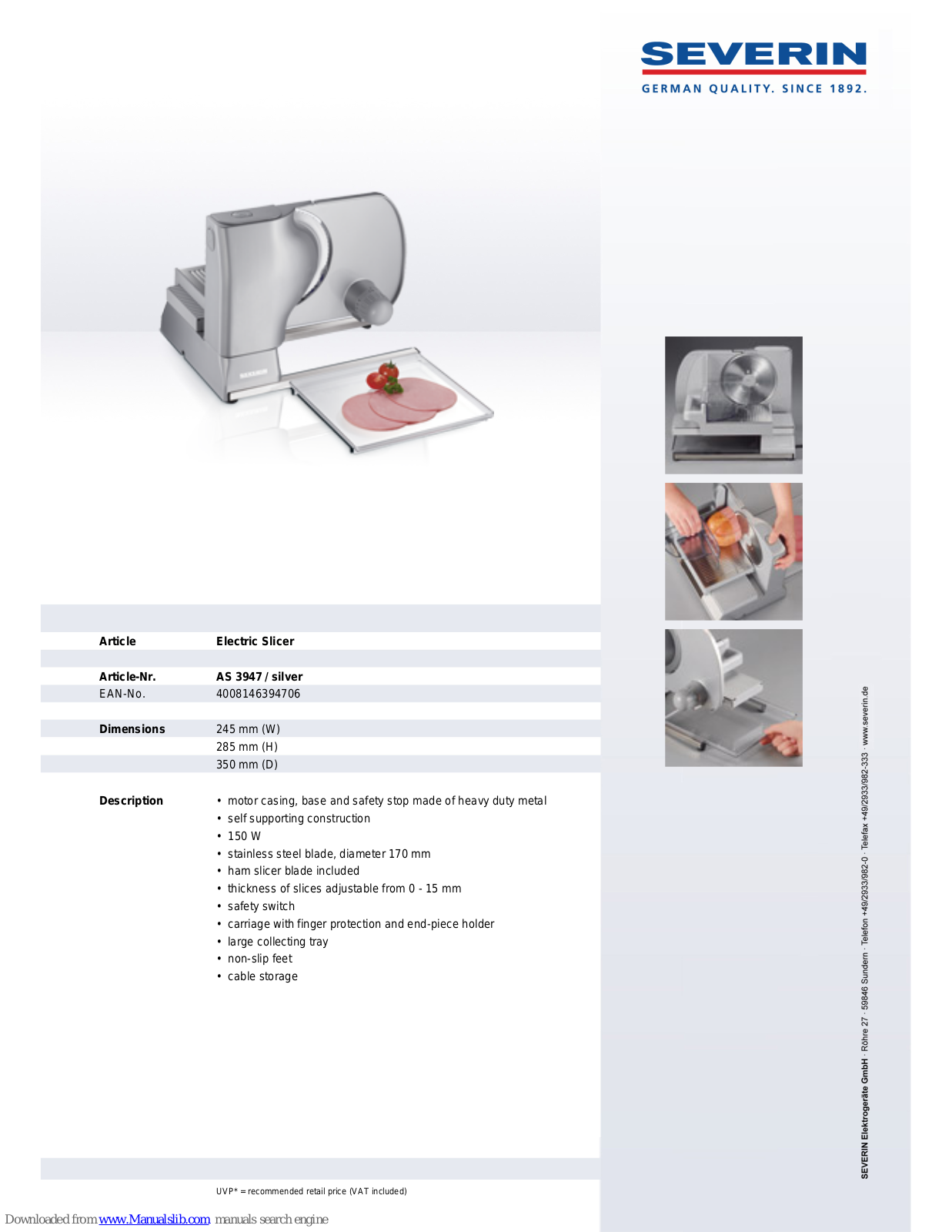 SEVERIN AS 3947, ELECTRIC SLICER - DATASHEET 2 Dimensions