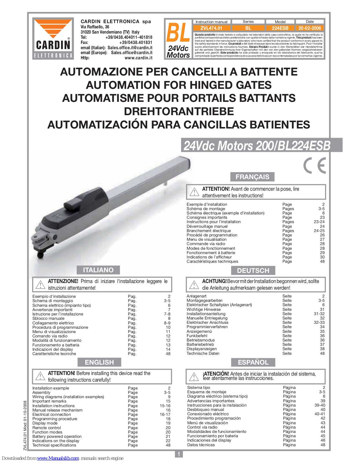 Cardin Elettronica BL224ESB Instruction Manual