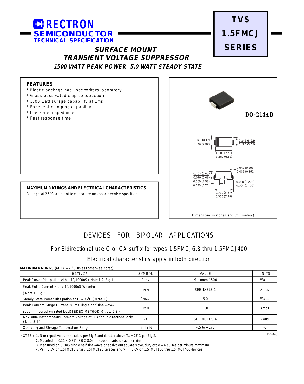 Datasheet 1.5FMCJ91A, 1.5FMCJ91, 1.5FMCJ62, 1.5FMCJ6.8A, 1.5FMCJ6.8 Datasheet (RECTRON) - ManualMachine.com