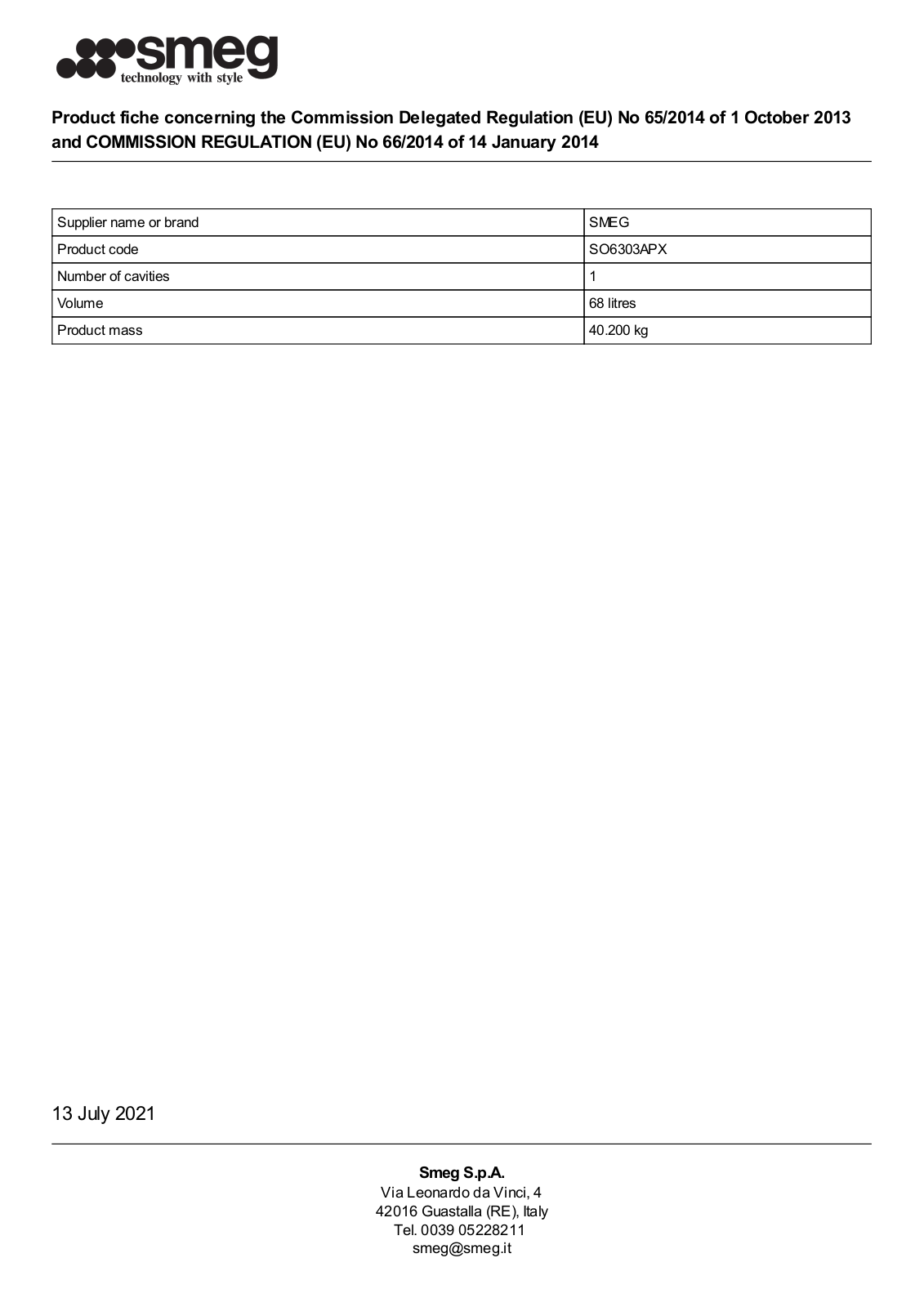 Smeg SO6303APX product information sheet