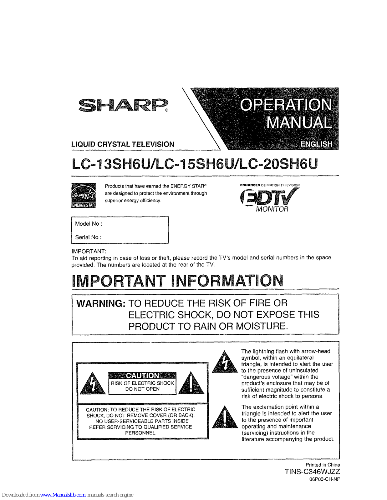 Sharp LC-13SH6U/LC, LC-15SH6U/LC, LC-20SH6U/LC User Manual - ManualMachine.com