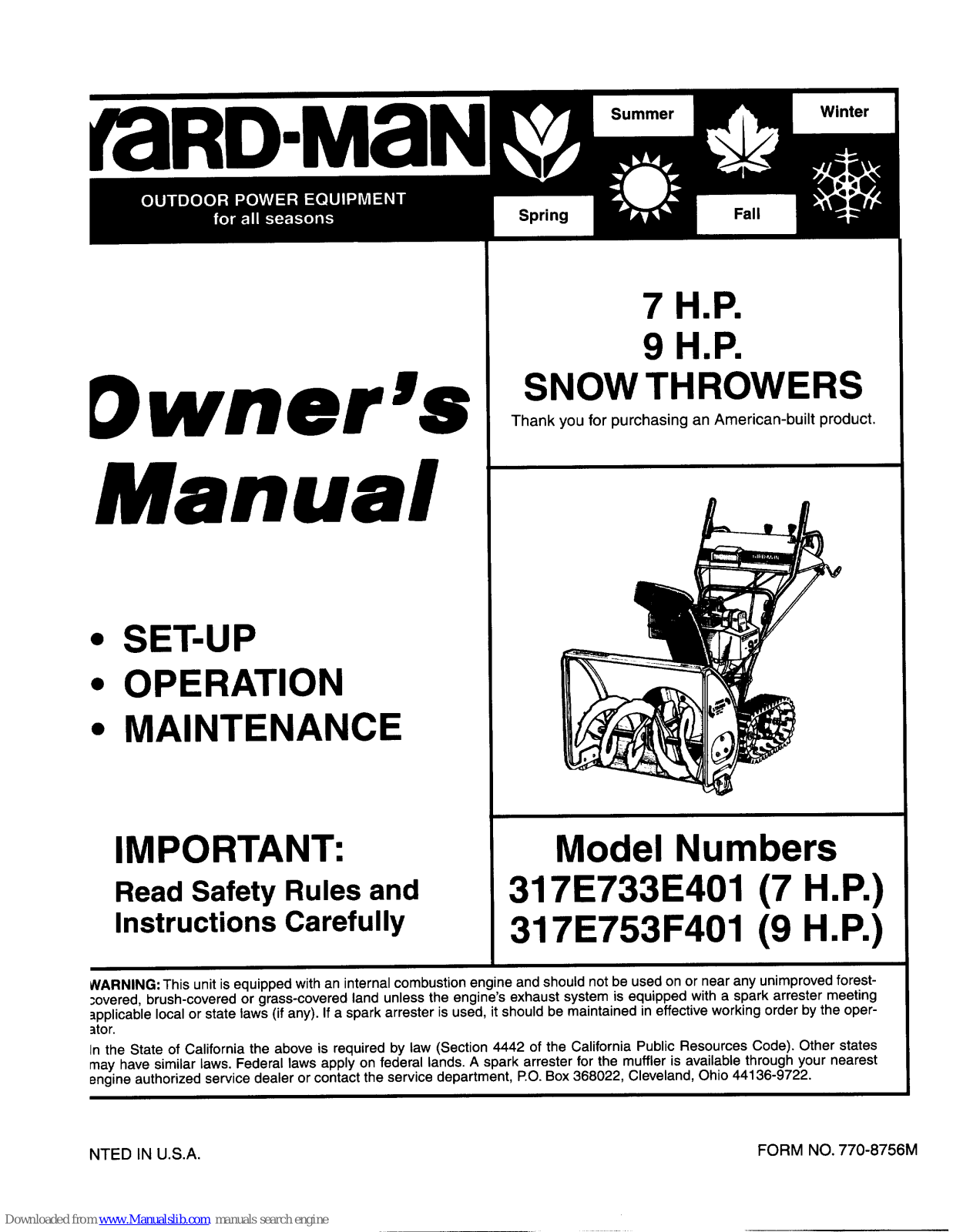 Yard-Man 317E733E401, 317E733F401 Owner's Manual