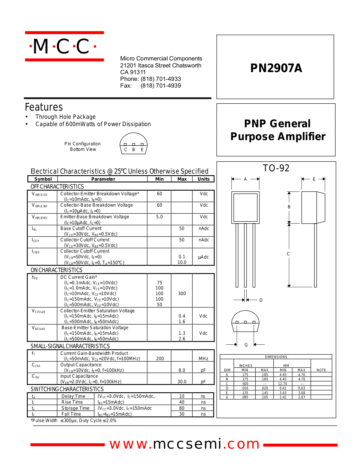 MCC PN2907A Datasheet