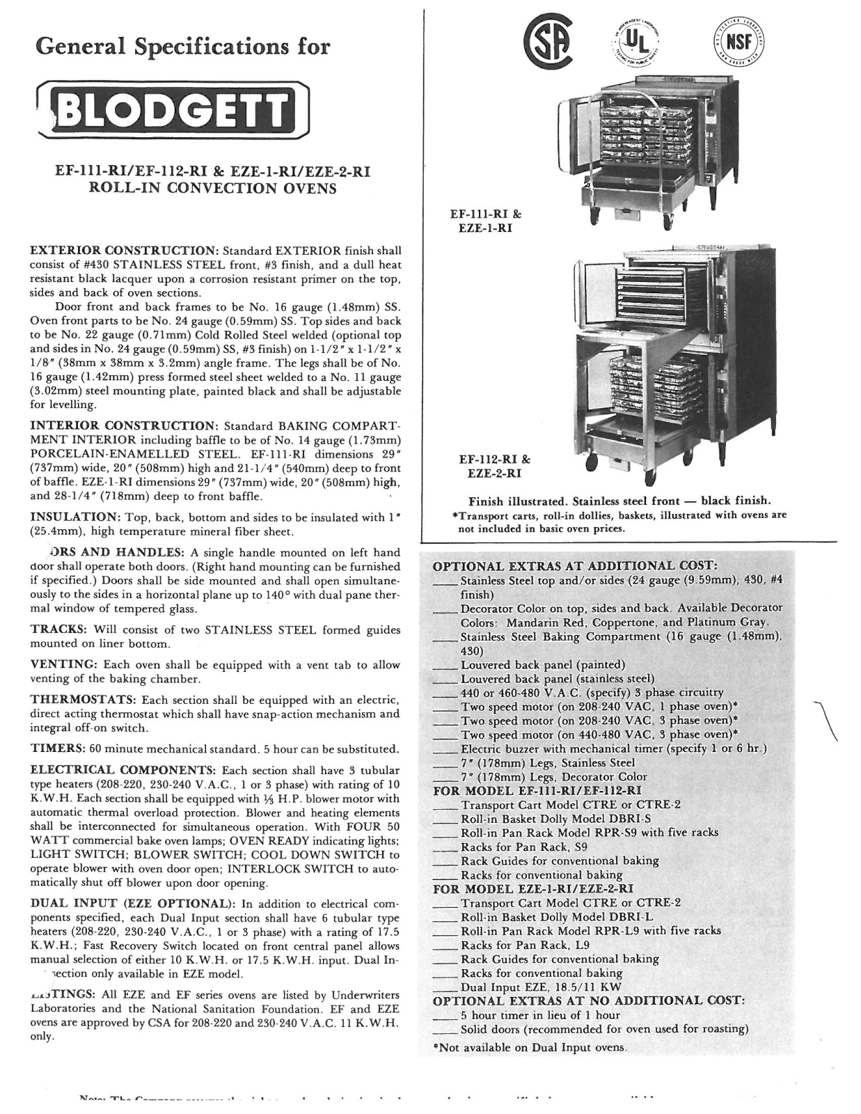 Blodgett EF-111 Specifications