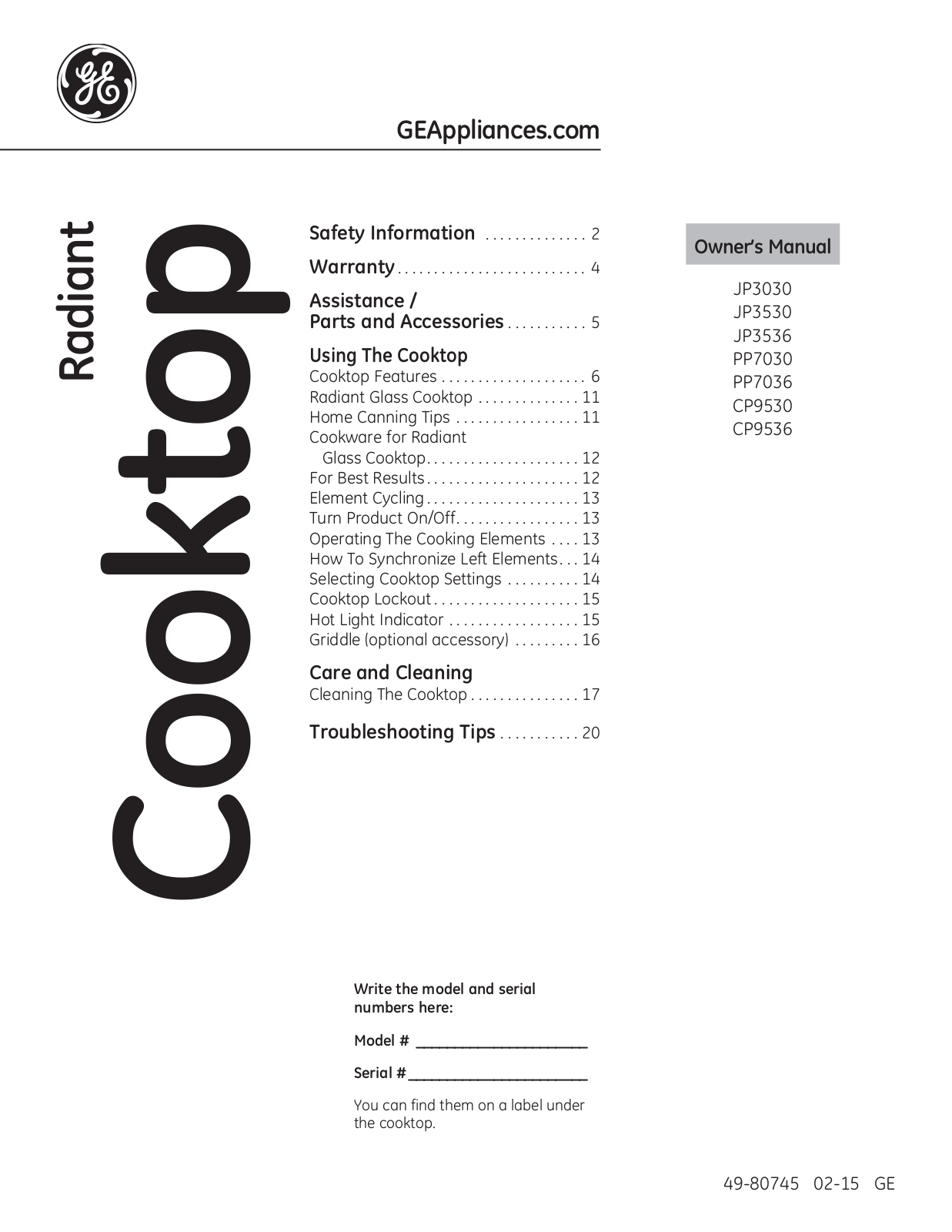 GE CP9536SJSS, CP9530SJSS User Manual