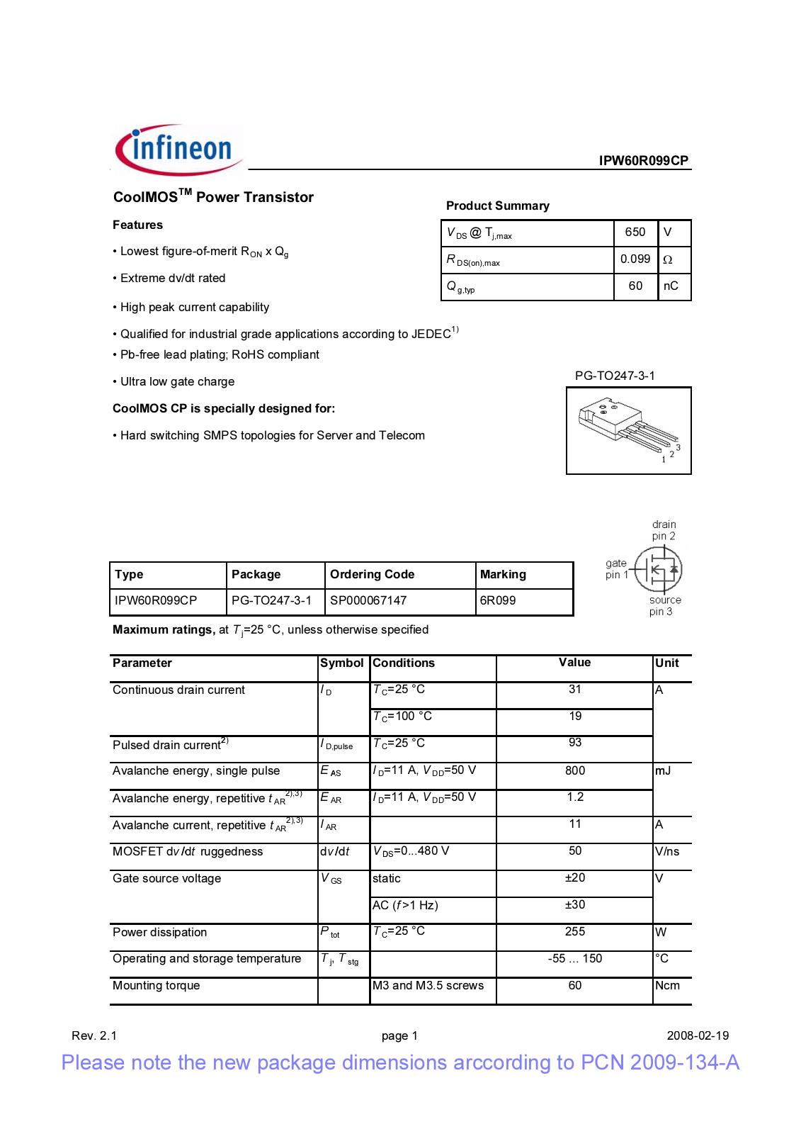Datasheet ipw60r099cp_rev2[1].1_pcn Datasheet - ManualMachine.com