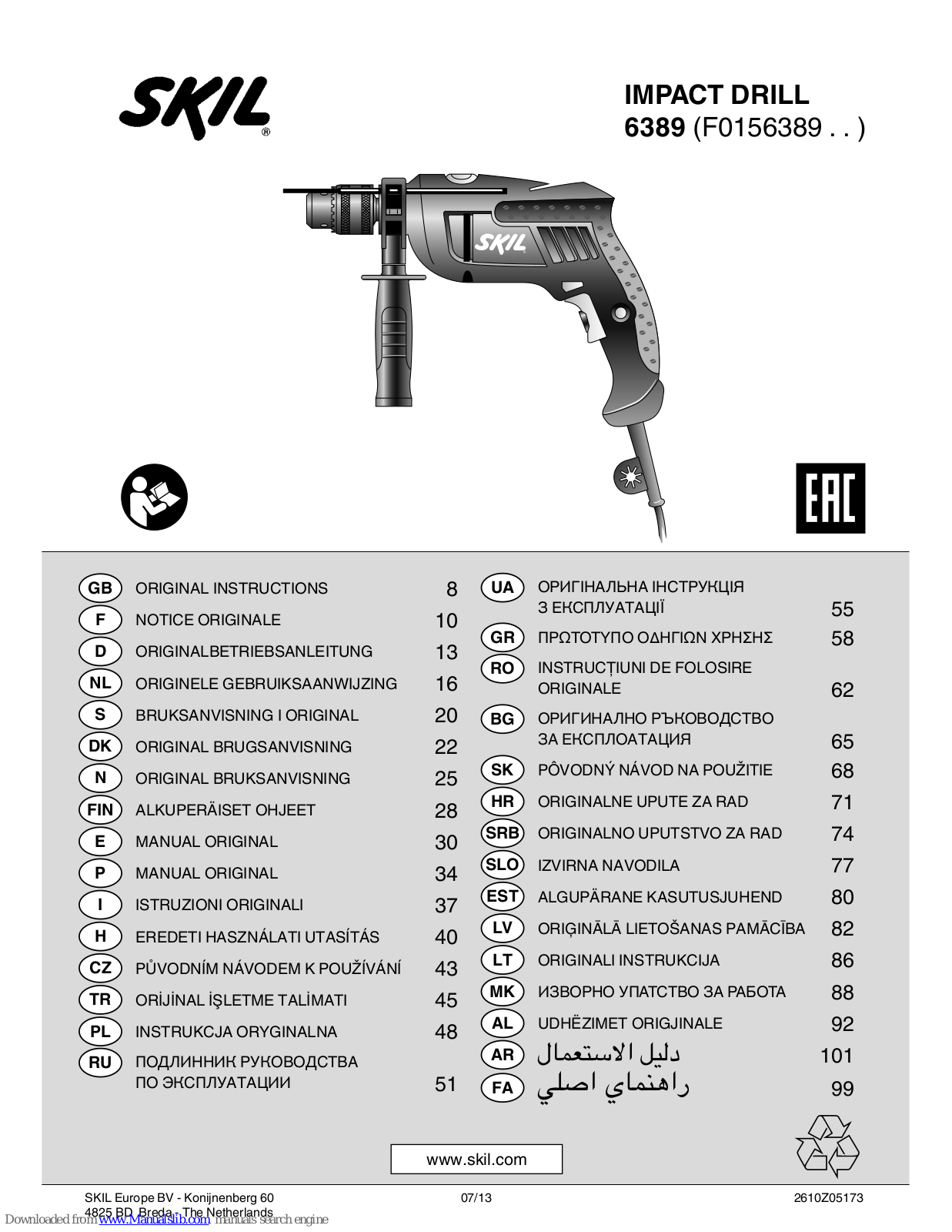 Skil 6389, 6271, F0156271 Series, 6290, F0156290 Series Original Instructions Manual