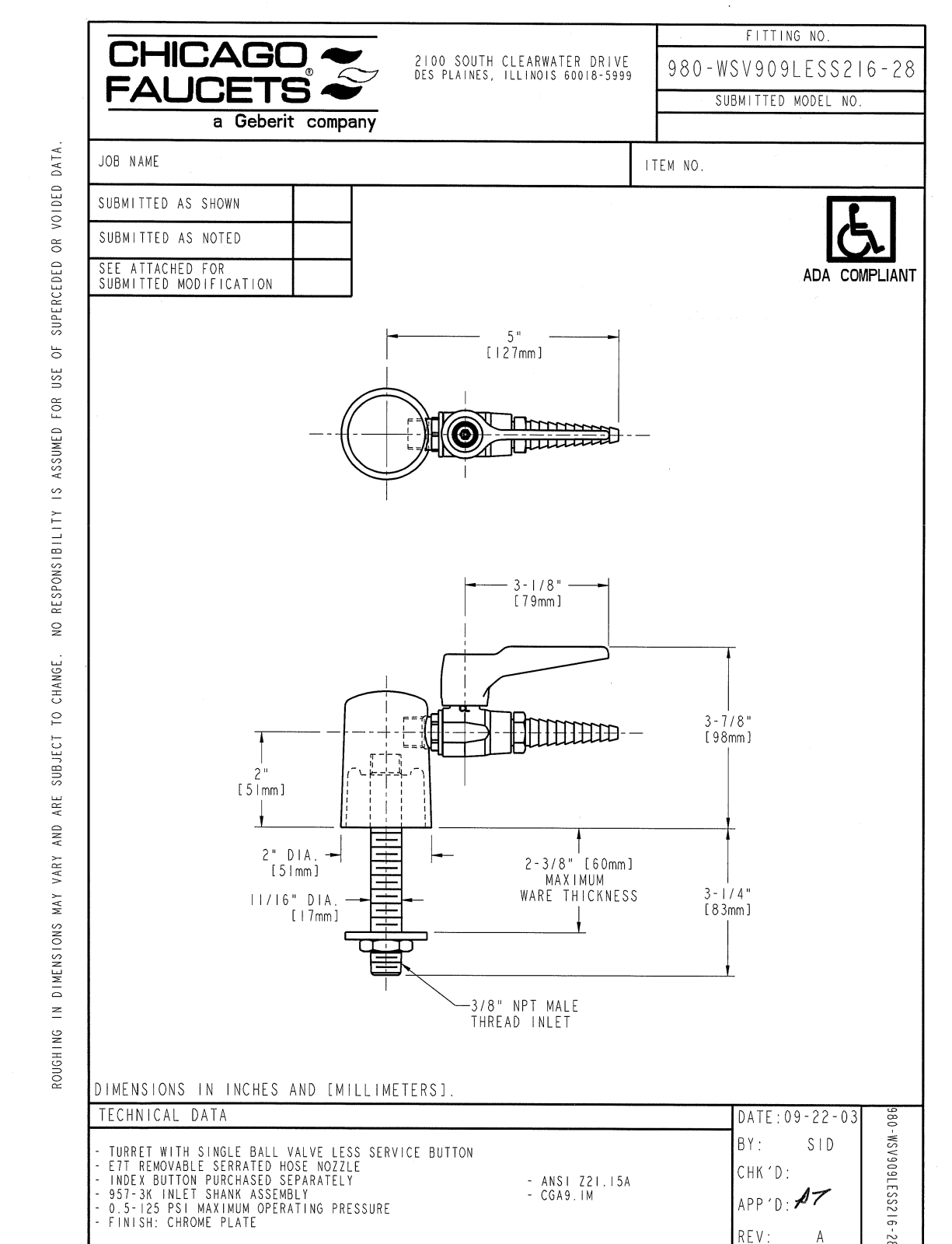 Chicago Faucet 980-WSV909LESS216-28CP User Manual