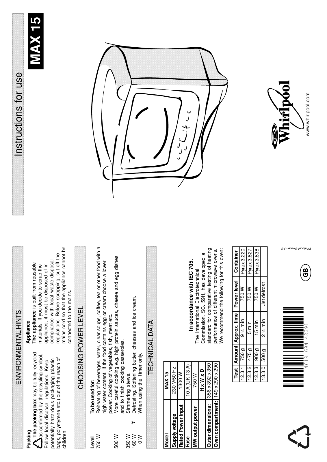 Whirlpool MAX 15/AB, MAX 15/AW INSTRUCTION FOR USE