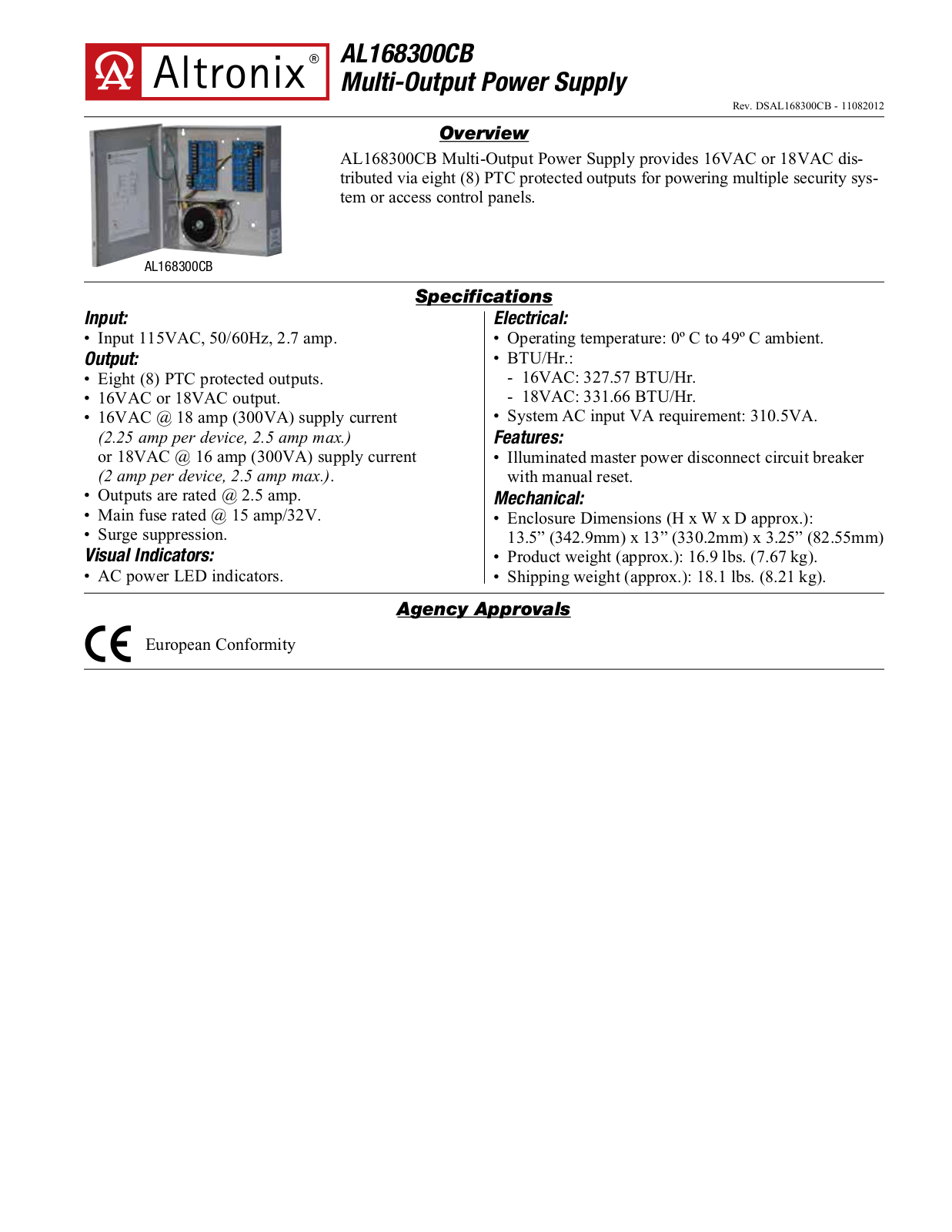 Altronix AL168300CB Specsheet