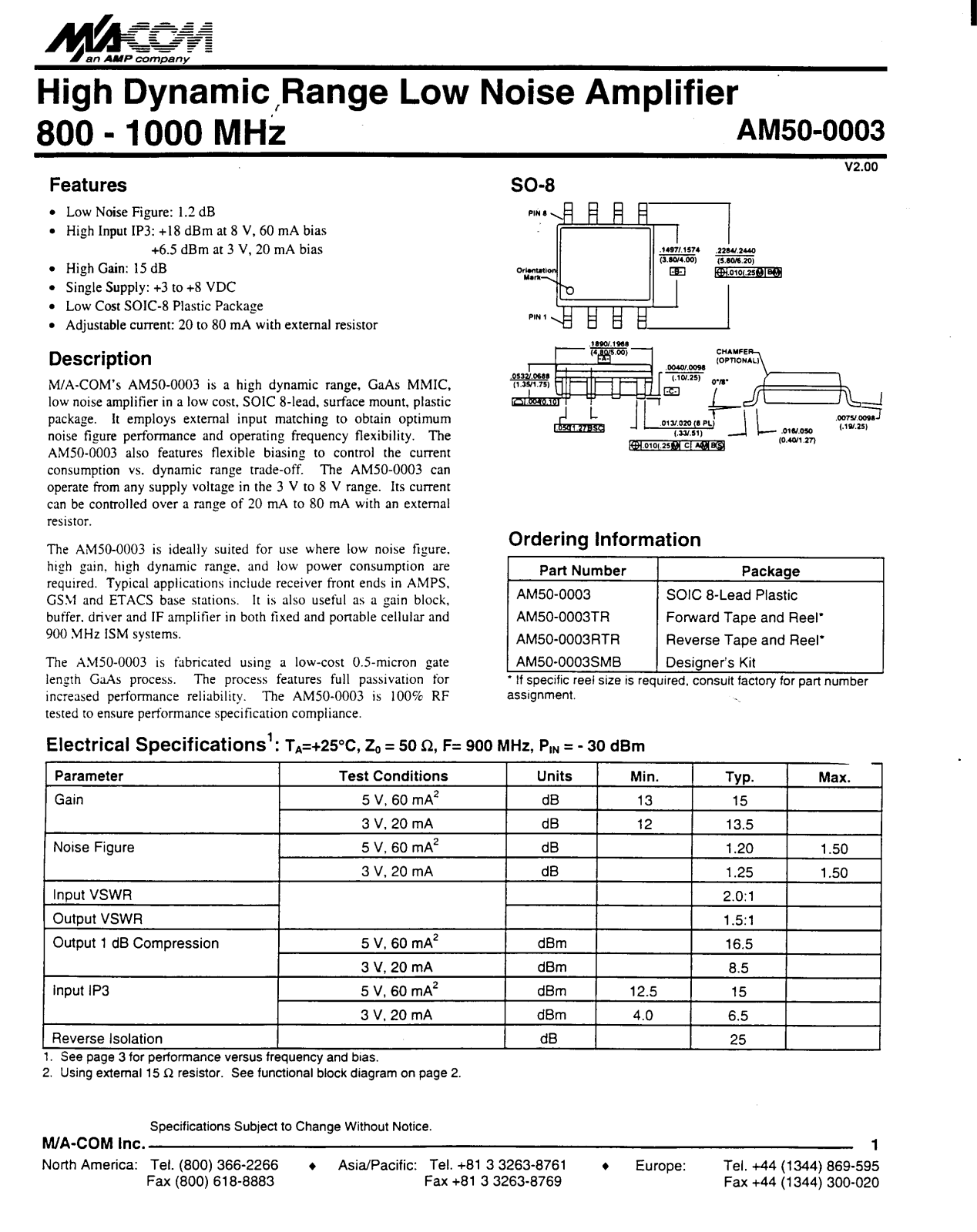 MACOM AM50-0003TR, AM50-0003SMB, AM50-0003RTR, AM50-0003 Datasheet