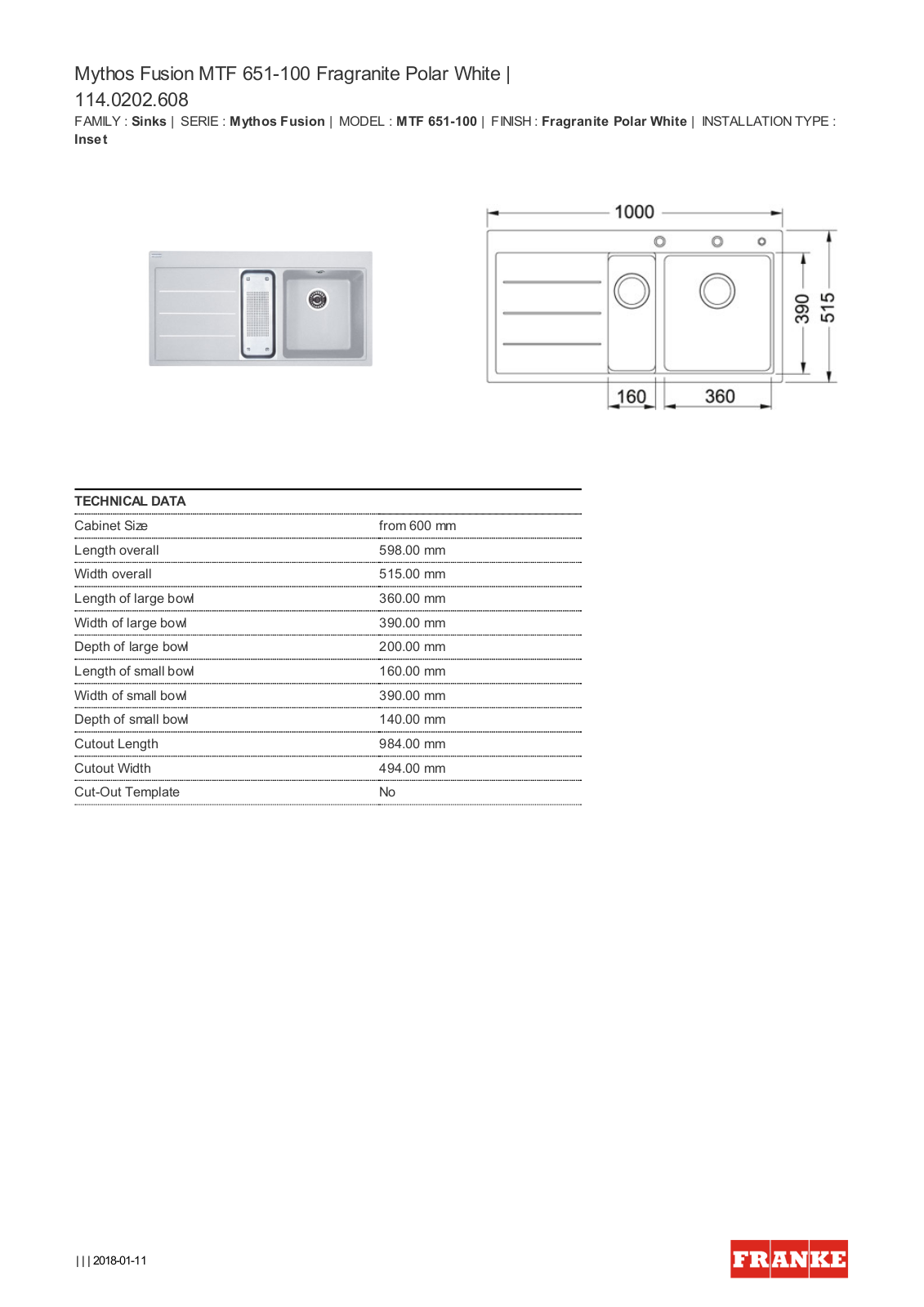 Franke MTF651RHDPW Specifications Sheet