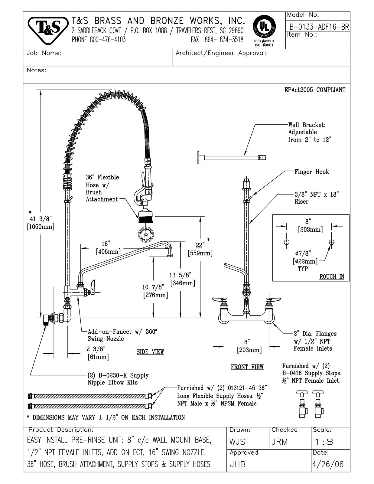 T&S Brass B-0133-ADF16-BR User Manual