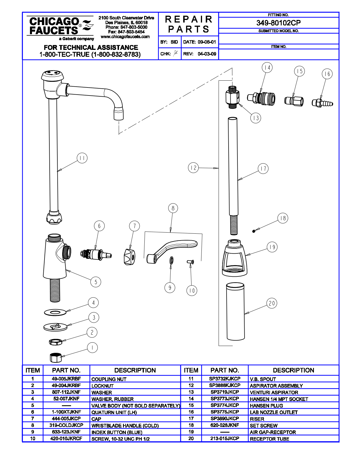 Chicago Faucet 349-80102 Parts List