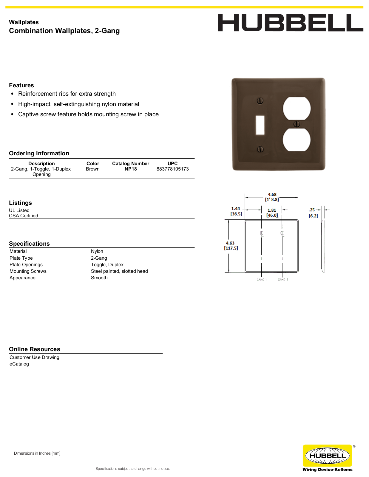 Hubbell NP18 Specifications