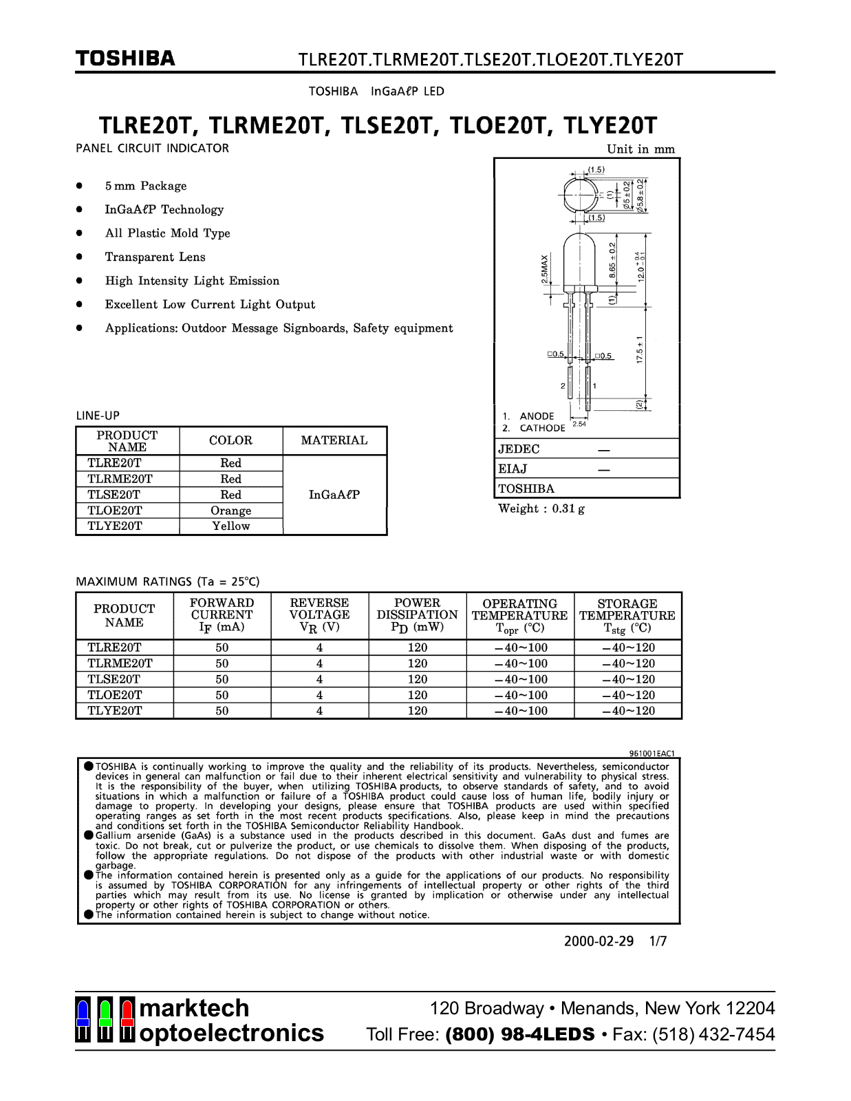 Marktech TLYE20T, TLRME20T, TLSE20T, TLRE20T, TLOE20T Datasheet