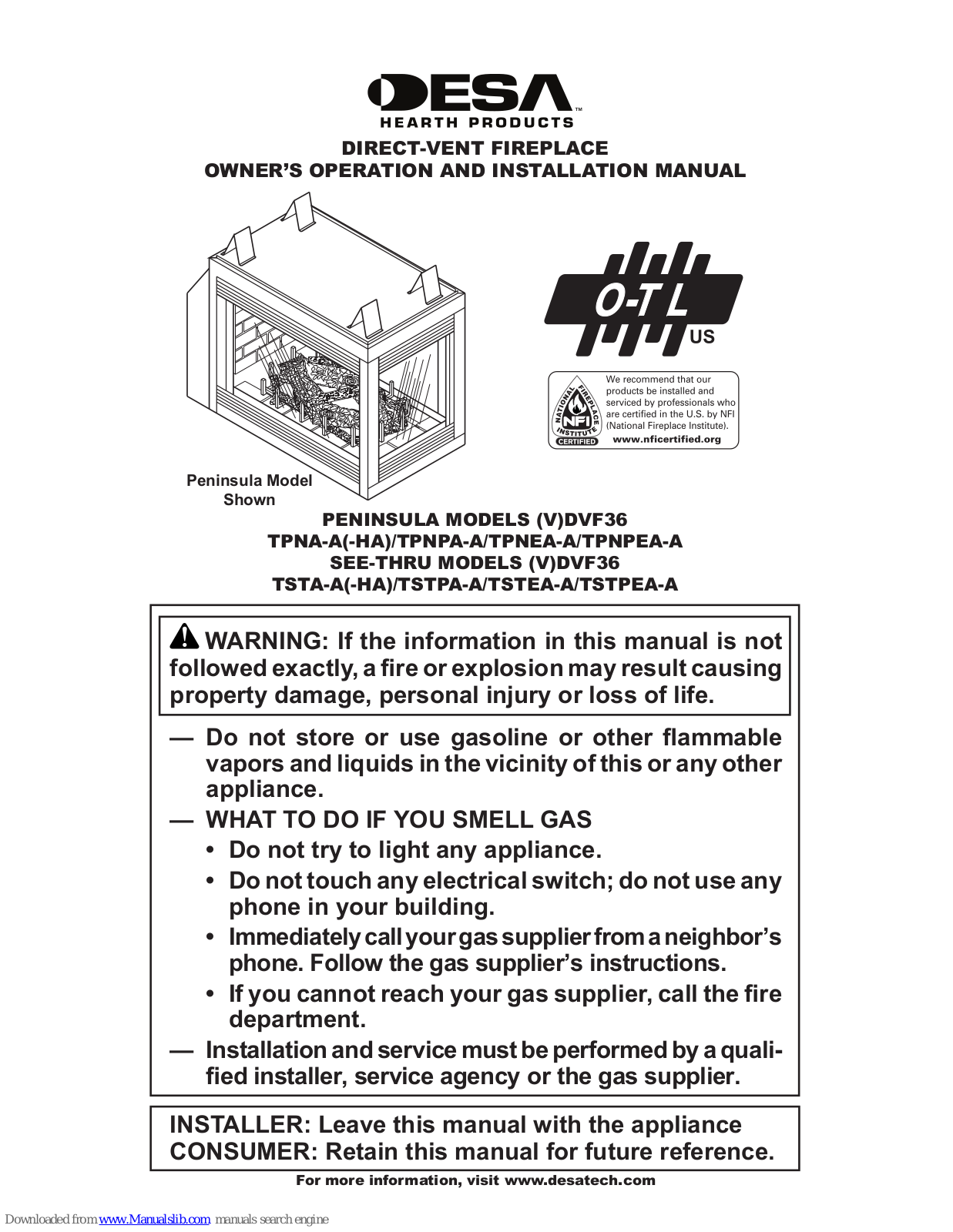 Desa TPNA-A, TPNA-HA Owner's Operation And Installation Manual