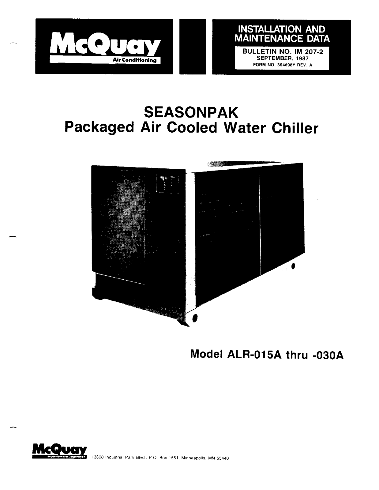 McQuay ALR-015A Installation  Manual