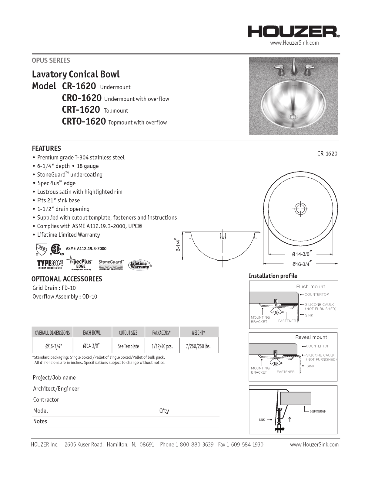 Houzer CR1620, CRTO16201 Specs