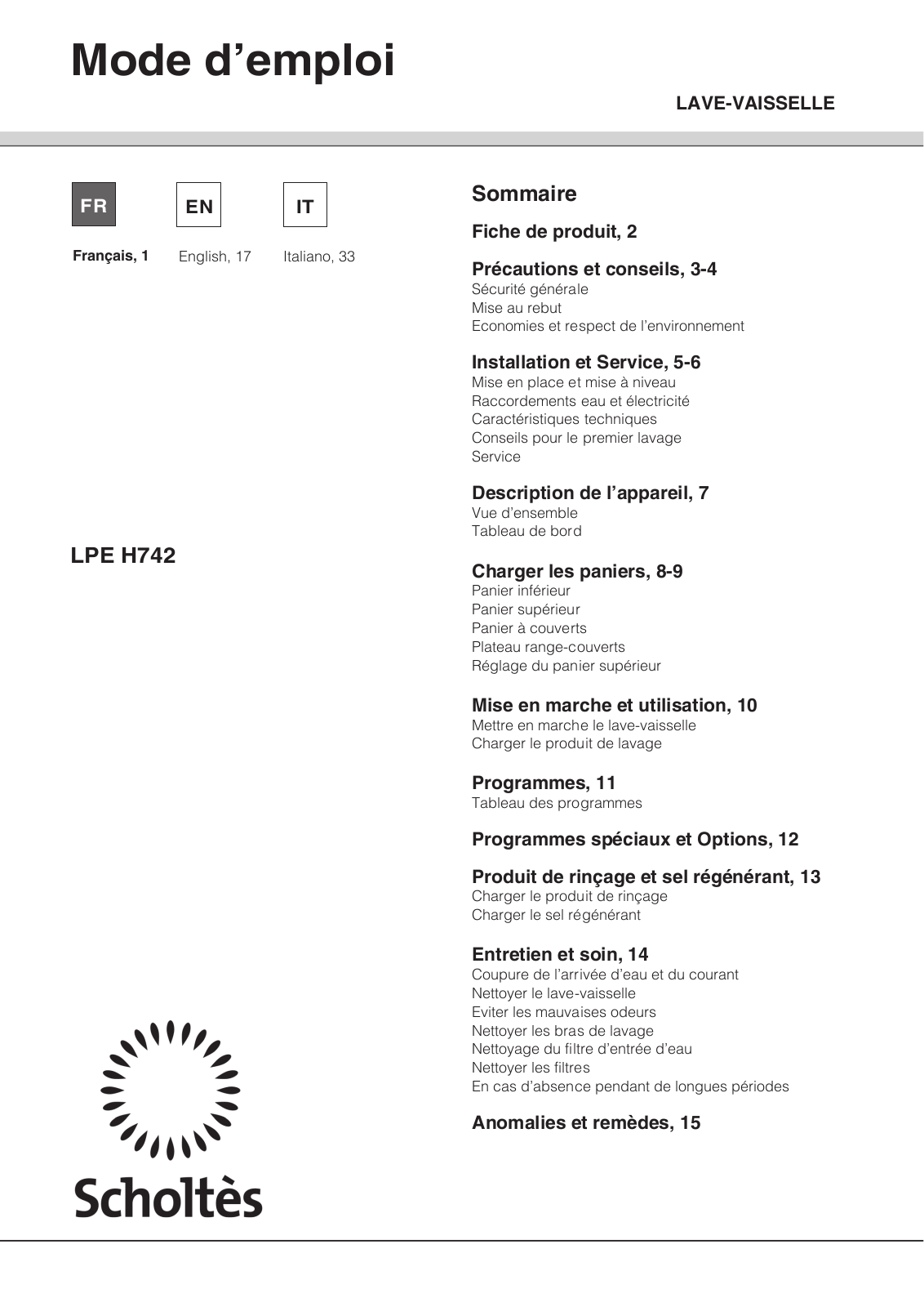 Scholtes LPE H742 X User Manual